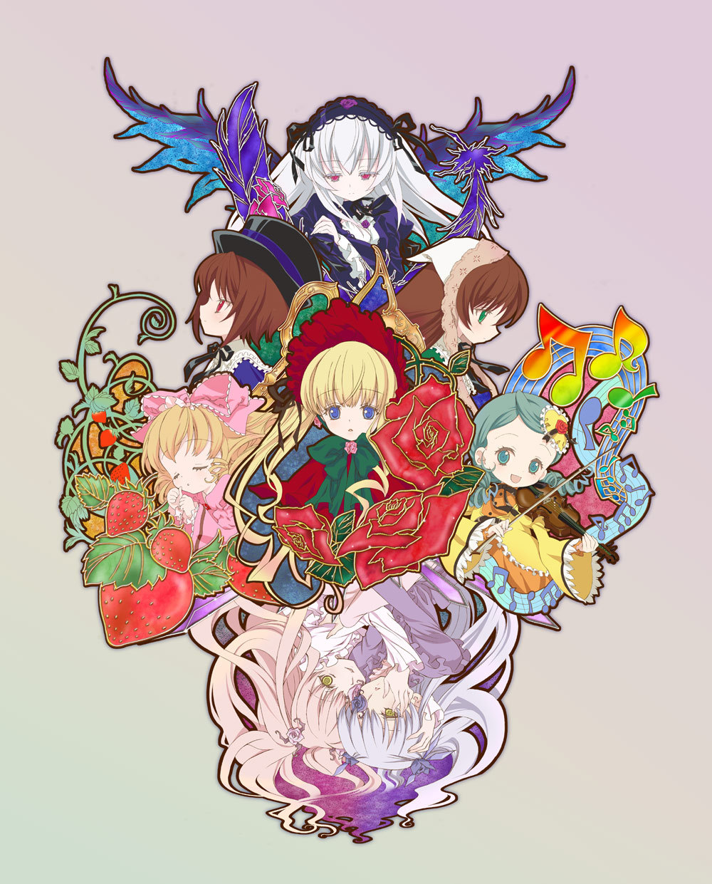 moriki takeshi, barasuishou, hinaichigo, kanaria, kirakishou, shinku, souseiseki, suigintou, suiseiseki, rozen maiden, bad id, bad pixiv id, highres, 00s, 6+girls, 9999, beamed quavers, blonde hair, blue eyes, bow, brown hair, closed eyes, everyone, eyepatch, flower, food, fruit, hat, instrument, multiple girls, musical note, notes, pink bow, quaver, red eyes, red flower, red rose, rose, strawberry, violin, yellow eyes