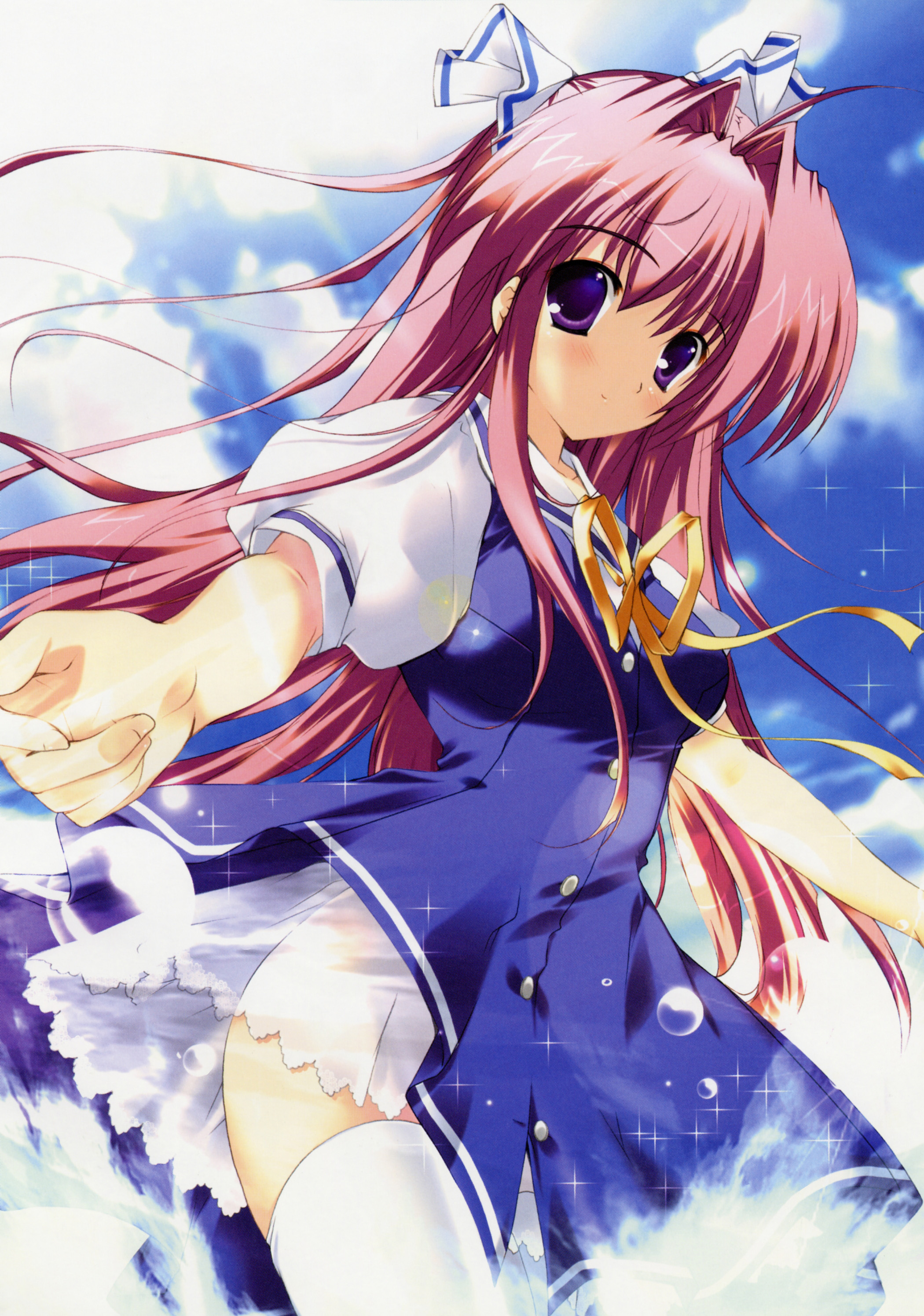 mikeou, mitha, tsukimura miki, clear (visual novel), absurdres, highres, pink hair, purple eyes, ribbon, school uniform, serafuku, solo, sparkle, thighhighs