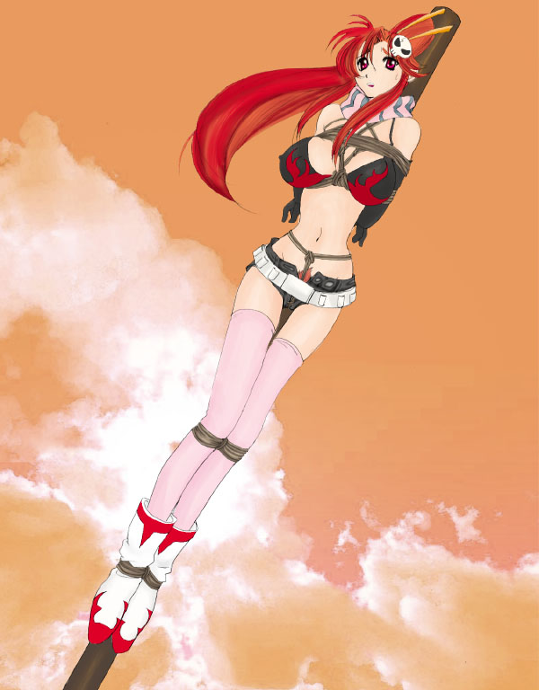 yoko littner, tengen toppa gurren lagann, 00s, 1girl, bad anatomy, bad proportions, bdsm, bondage, bound, breast bondage, breasts, crotch rope, female focus, large breasts, poorly drawn, rope, solo, thighhighs