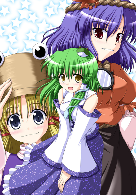 bococho, kochiya sanae, moriya suwako, yasaka kanako, touhou, 3girls, blonde hair, blue eyes, breasts, female focus, frilled skirt, frills, frog, green hair, grey eyes, hat, long hair, medium breasts, multiple girls, purple hair, red eyes, ribbon, short hair, skirt, yellow eyes
