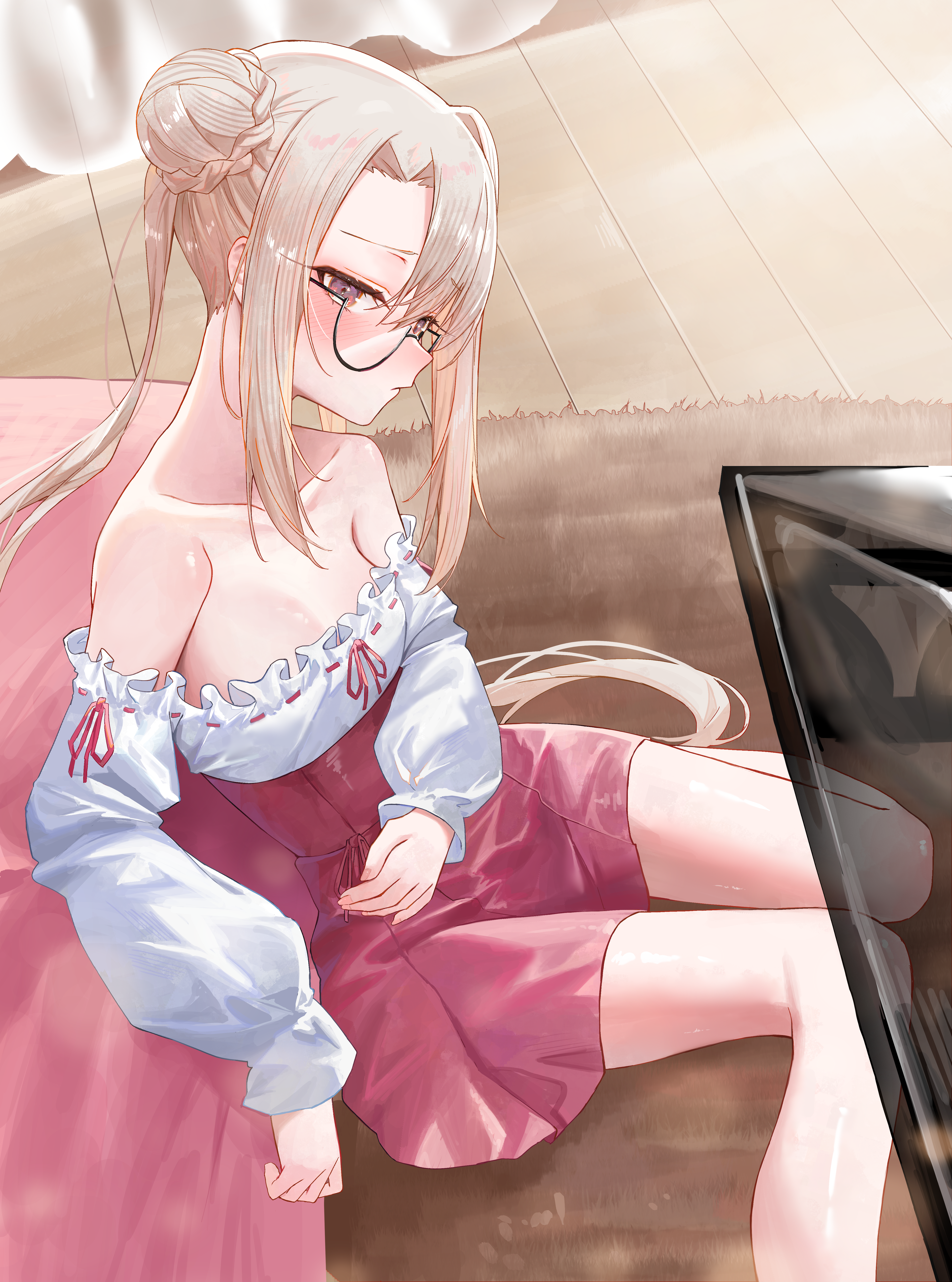 kaze 22, illyasviel von einzbern, fate/kaleid liner prisma illya, fate (series), absurdres, commentary, copyright request, highres, korean commentary, 1girl, braid, breasts, bun with braided base, closed mouth, detached sleeves, dress, glasses, hair bun, long hair, pink dress, red dress, red eyes, semi-rimless eyewear, short dress, sitting, small breasts, solo, strapless, strapless dress, twintails, under-rim eyewear, wariza, white sleeves