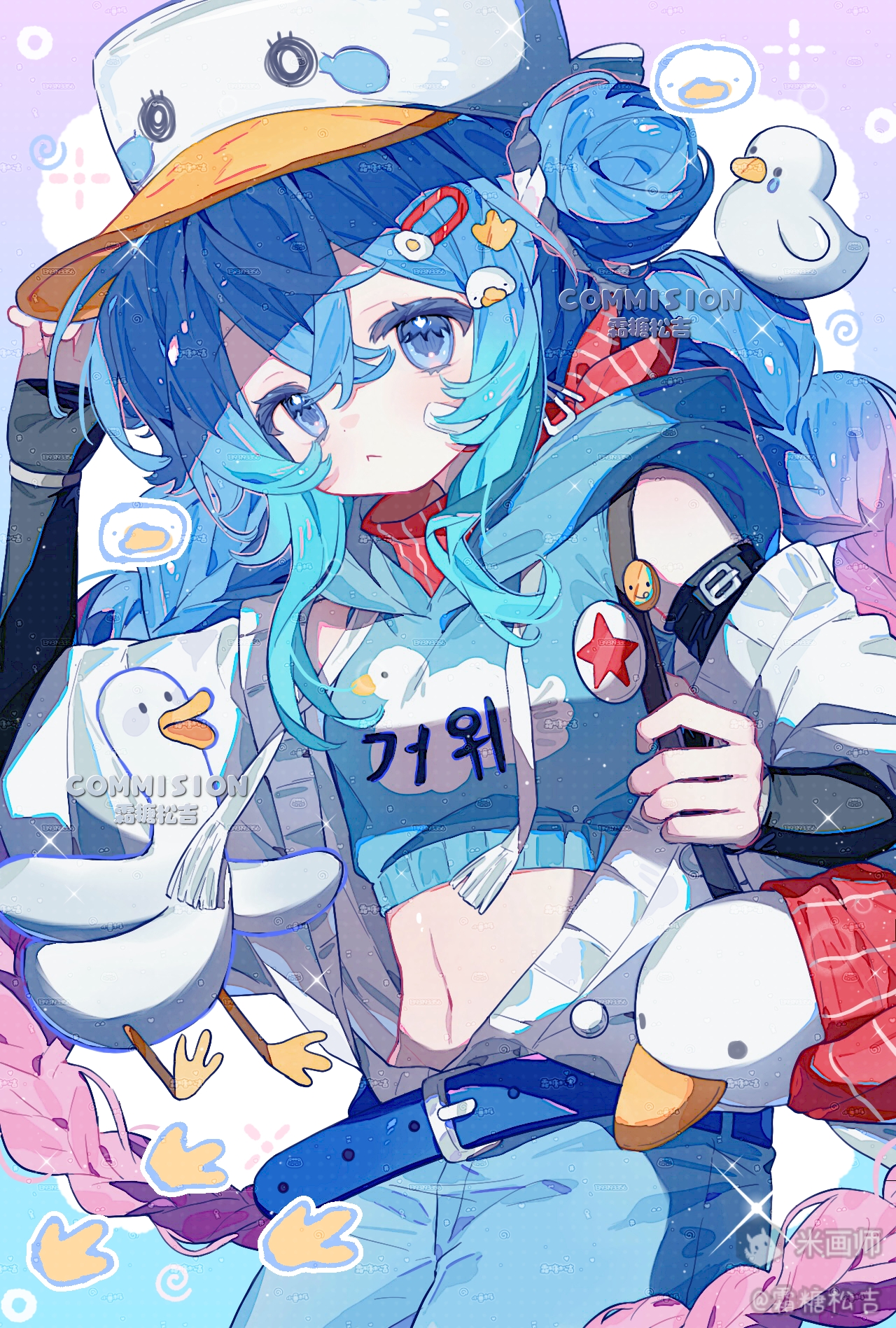 original, highres, 1girl, baseball cap, belt, bird, blue eyes, blue hair, blue pants, braid, closed mouth, crop top, double bun, gradient hair, hair between eyes, hair bun, hair ornament, hairclip, hat, hood, hoodie, long hair, looking at viewer, midriff, multicolored hair, navel, pants, shuangtangsonji, solo, twin braids, very long hair, watermark