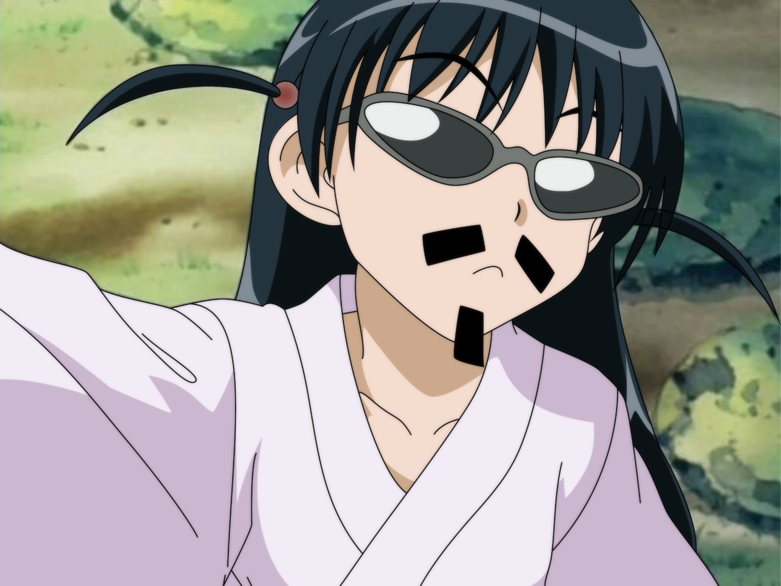 harima kenji, tsukamoto tenma, school rumble, derivative work, highres, vector trace, 00s, 1girl, beard, disguise, facial hair, female focus, glasses, japanese clothes, kimono, long hair, mustache, short twintails, solo, sunglasses, twintails, two side up