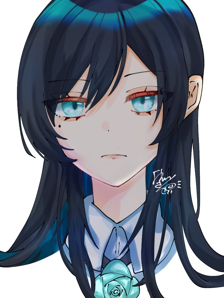 yowai sansei831, chando (ado), ado (utaite), commentary request, 1girl, black hair, blue eyes, blue hair, closed mouth, collarbone, collared shirt, colored inner hair, hair between eyes, long hair, multicolored hair, shirt, simple background, solo, utaite, white background, white shirt