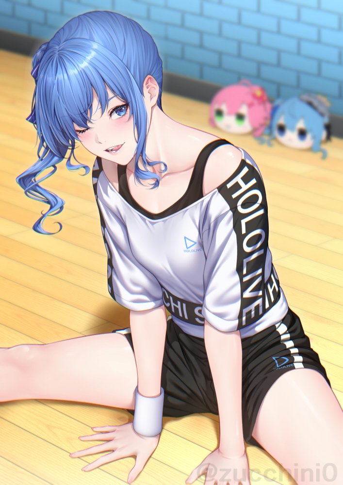 zucchini, hoshimachi suisei, sakura miko, hololive, hashtag-only commentary, 1girl, artist name, black shorts, blue eyes, blue hair, blush, clothes writing, collarbone, cropped shirt, hair ribbon, hands on ground, hololive dance practice uniform, long hair, looking at viewer, mochidoru (plush), official alternate costume, one eye closed, ribbon, shirt, shorts, side ponytail, sitting, smile, solo, stretching, stuffed toy, tongue, tongue out, twitter username, virtual youtuber, white shirt, wristband