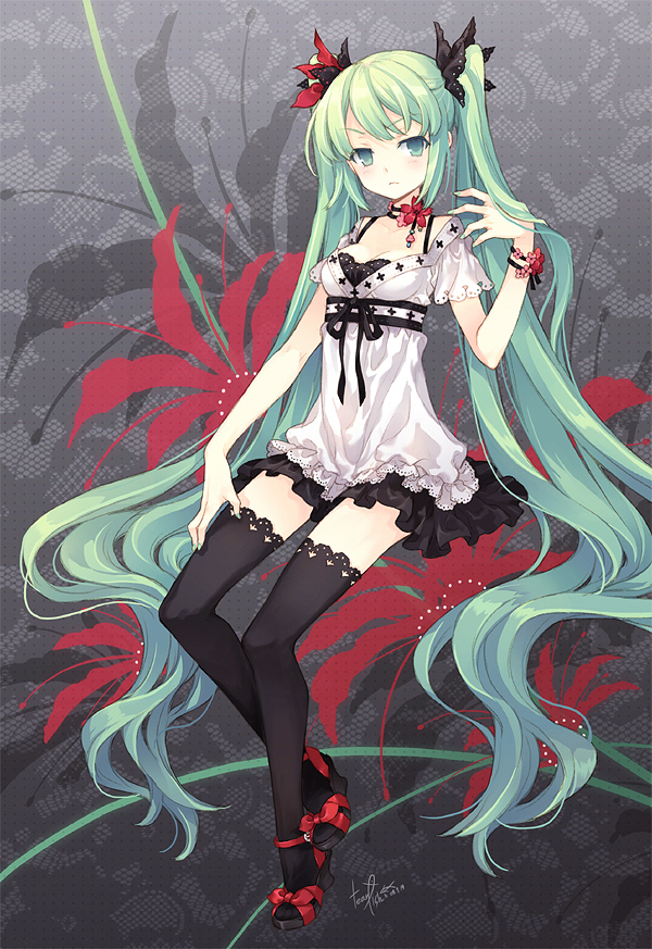 tearfish, hatsune miku, vocaloid, world is mine (vocaloid), 1girl, aqua eyes, aqua hair, blue eyes, blue hair, blush, dress, female focus, flower, green eyes, green hair, legs, long hair, matching hair/eyes, sitting, skirt, solo, thighhighs, tsundere, twintails, very long hair, zettai ryouiki