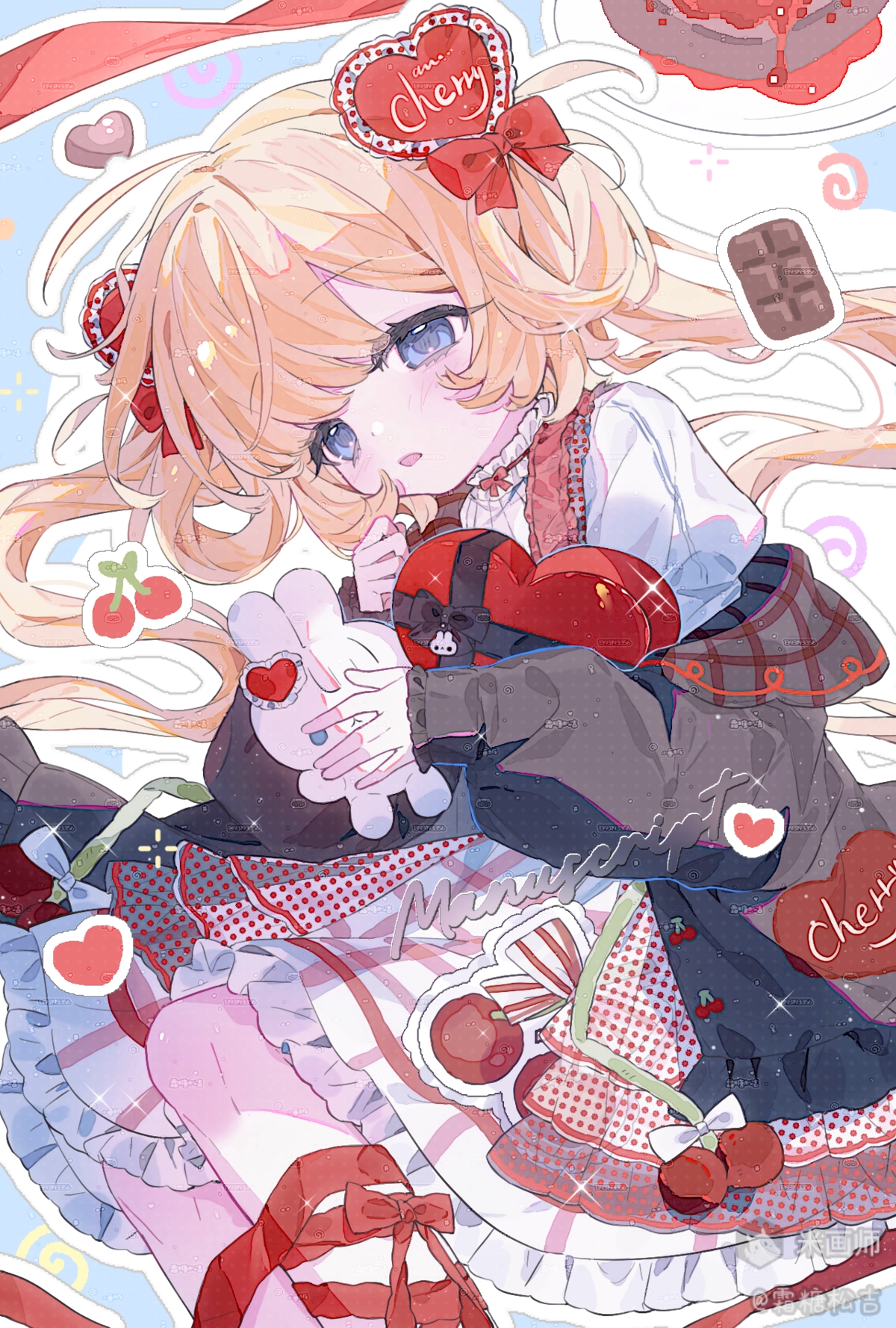 original, highres, 1girl, blonde hair, blue eyes, blush, bow, candy, chocolate, dress, food, frills, hair bow, hair ornament, heart, heart hair ornament, holding, jacket, long hair, long sleeves, looking at viewer, puffy sleeves, red bow, ribbon, shuangtangsonji, skirt, solo, stuffed animal, stuffed rabbit, stuffed toy, twintails, watermark