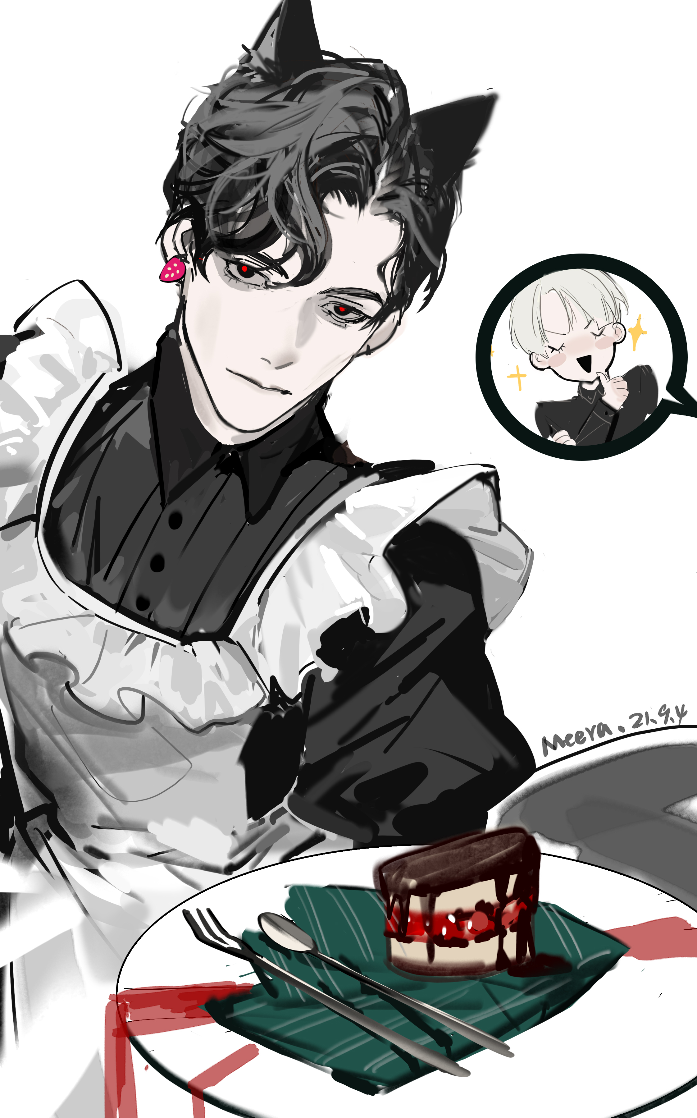 meerajebt, tom marvolo riddle, harry potter (series), wizarding world, absurdres, highres, 1boy, apron, black hair, hogwarts school uniform, looking at viewer, maid, maid apron, male focus, pale skin, red eyes, school uniform, solo, twitter username, white background