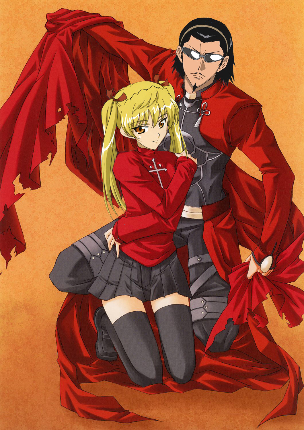 archer (fate), harima kenji, sawachika eri, tohsaka rin, fate/stay night, fate (series), school rumble, highres, jpeg artifacts, third-party edit, 1boy, 1girl, archer (fate) (cosplay), blonde hair, cosplay, long hair, looking at viewer, thighhighs, tohsaka rin (cosplay), twintails, zettai ryouiki