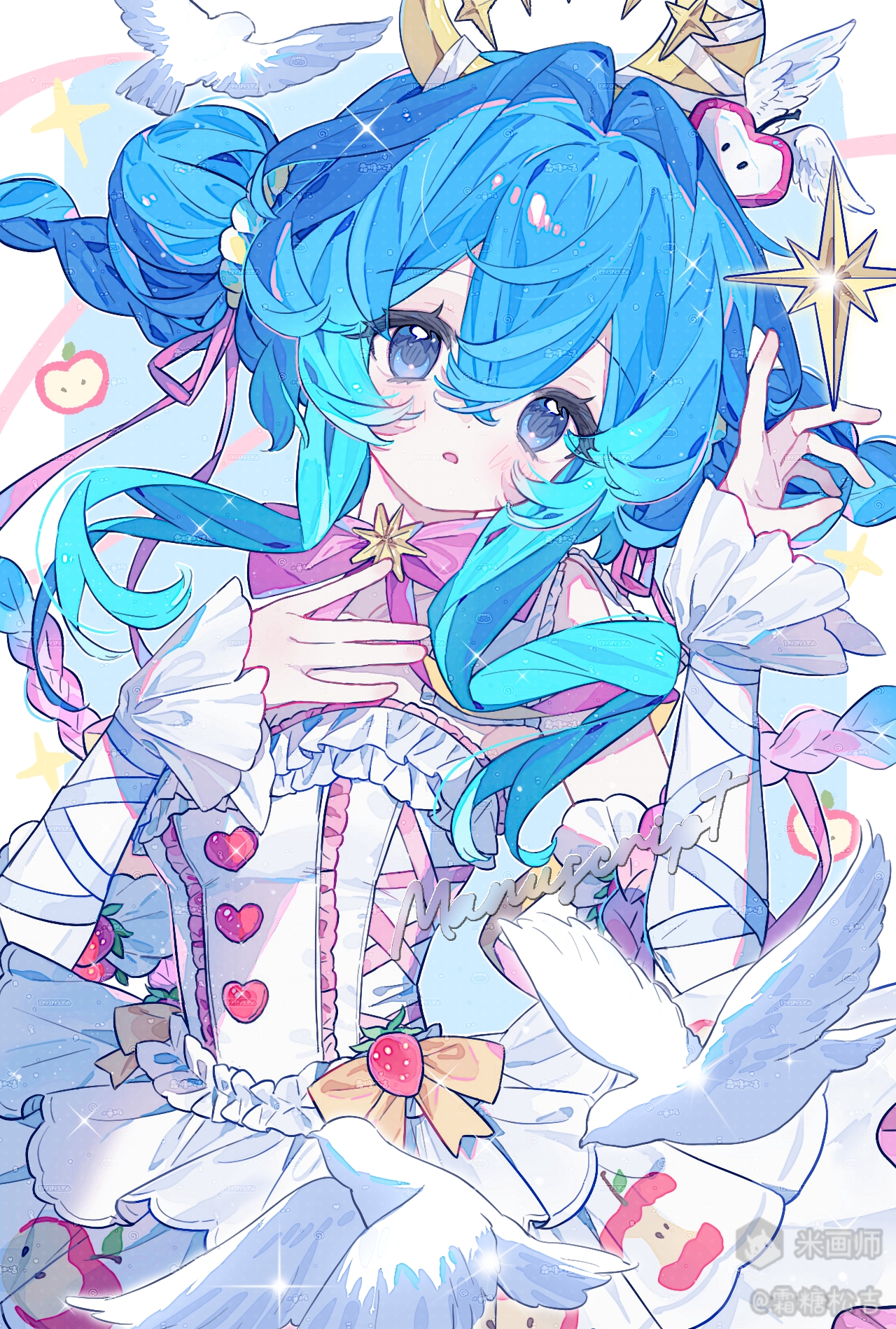 original, highres, 1girl, bird, blue eyes, blue hair, blush, bow, braid, detached sleeves, double bun, dove, dress, food, frills, fruit, hair between eyes, hair bun, hair ornament, heart, long hair, looking at viewer, parted lips, ribbon, shuangtangsonji, solo, sparkle, star symbol, twin braids, watermark, white dress