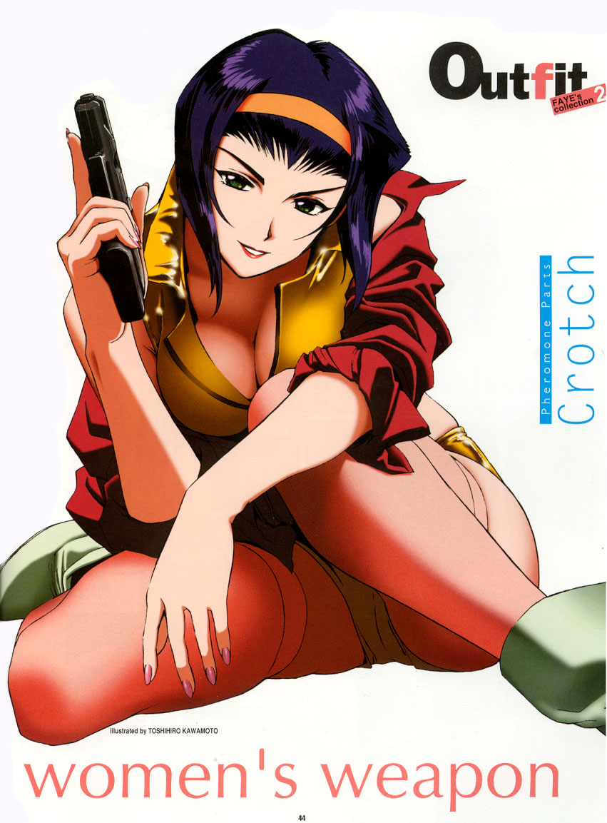 kawamoto toshihiro, faye valentine, cowboy bebop, scan, 1990s (style), 1girl, breasts, cleavage, english text, female focus, fingernails, green eyes, gun, hairband, handgun, large breasts, long fingernails, nail (hardware), nail polish, orange hairband, panties, pantyshot, pink nails, pistol, pocket pistol, purple hair, retro artstyle, semi-automatic pistol, short hair, solo, thighhighs, underwear, weapon, zettai ryouiki