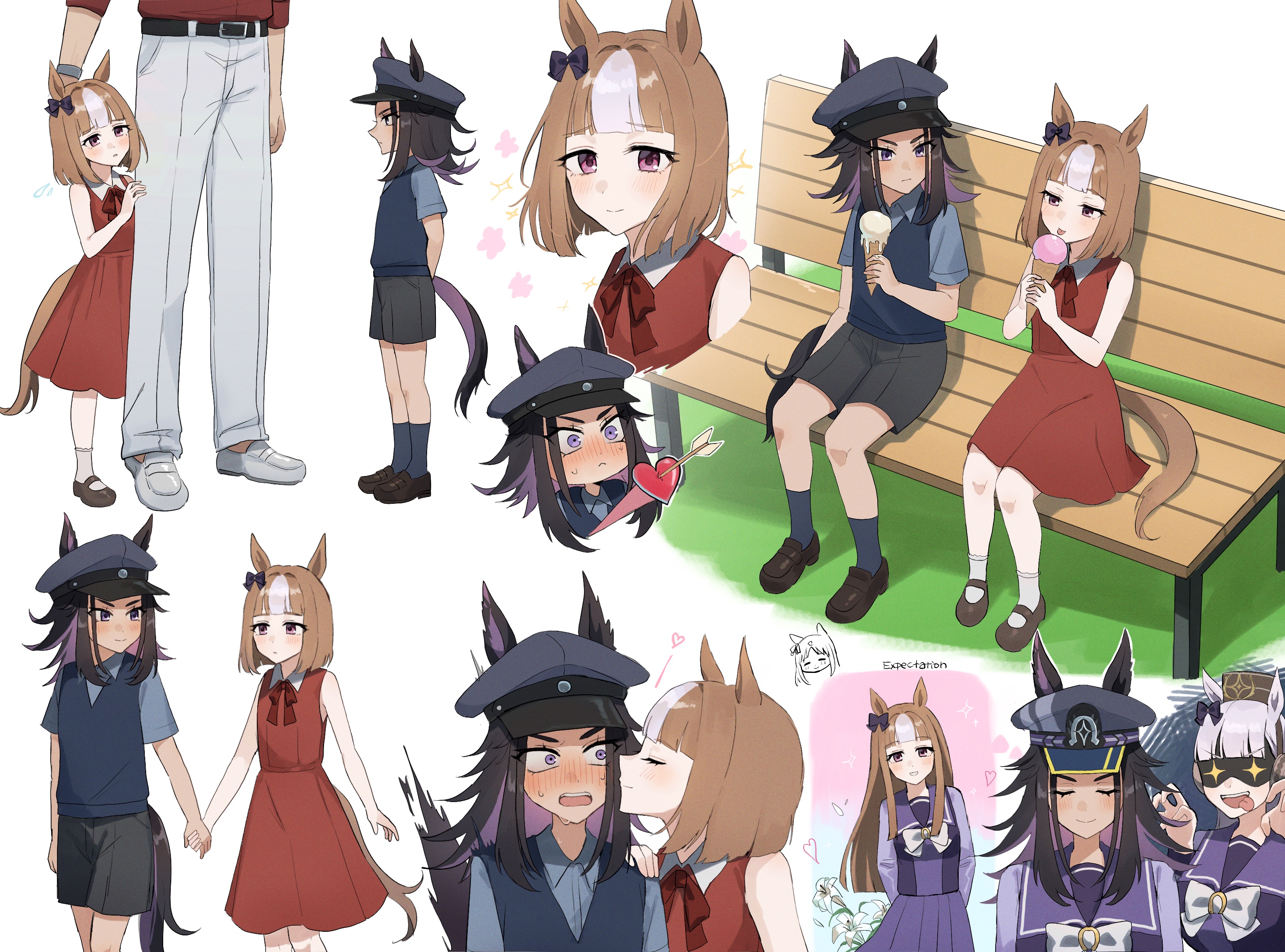 himo (user rzgz5877), fenomeno (umamusume), gold ship (umamusume), grass wonder (umamusume), umamusume, absurdres, commentary, english commentary, highres, + +, 1other, 2girls, aged down, animal ears, arrow through heart, bare shoulders, belt, bench, black belt, black hair, black hat, black shoes, black shorts, blue bow, blue shirt, blue shoes, blue vest, blunt bangs, blush, bow, bowtie, brown hair, closed mouth, collared shirt, dress, ear bow, ears through headwear, flower, food, hand on another's shoulder, hat, holding, holding food, holding hands, holding ice cream, horse ears, horse girl, horse tail, ice cream, ice cream cone, kiss, kissing cheek, licking, lily (flower), loafers, long hair, mary janes, medium hair, multicolored hair, multiple girls, multiple views, open mouth, pants, park bench, pillbox hat, pleated skirt, purple eyes, purple shirt, purple skirt, red bow, red bowtie, red dress, red shirt, school uniform, shirt, shoes, short hair, shorts, sitting, skirt, sleeveless, sleeveless dress, socks, standing, tail, tongue, tongue out, tracen school uniform, two-tone hair, vest, white bow, white bowtie, white flower, white hair, white pants, white shirt, white shoes, white socks, winter uniform, yuri