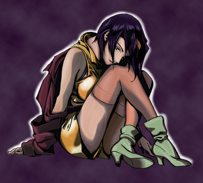 faye valentine, cowboy bebop, 1990s (style), boots, green eyes, purple hair, retro artstyle, short hair, solo, thighhighs