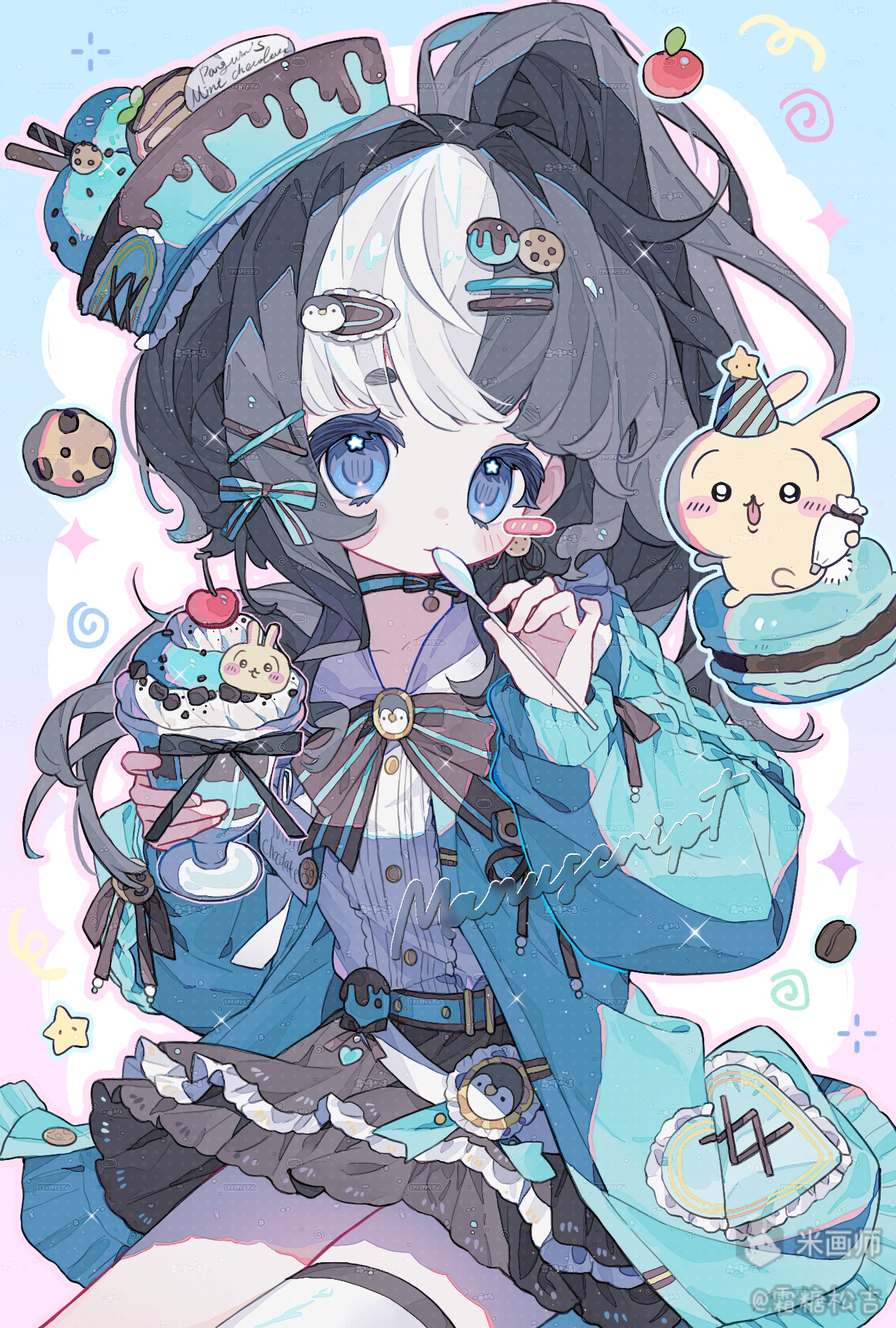 original, highres, 1girl, asymmetrical legwear, black hair, blue eyes, bow, choker, cupcake, eating, food, fruit, hair ornament, hairclip, holding, ice cream, long hair, long sleeves, looking at viewer, multicolored hair, ponytail, shirt, shuangtangsonji, skirt, solo, split-color hair, thighhighs, two-tone hair, watermark, white hair