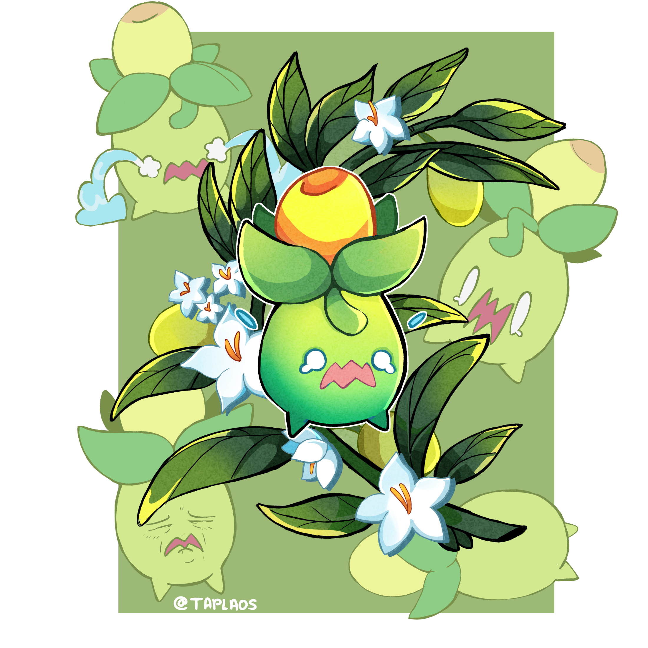 taplaos, smoliv, nintendo, pokemon, highres, artist name, closed eyes, crying, crying with eyes open, flower, leaf, multiple views, no humans, open mouth, pokemon (creature), tears, white flower