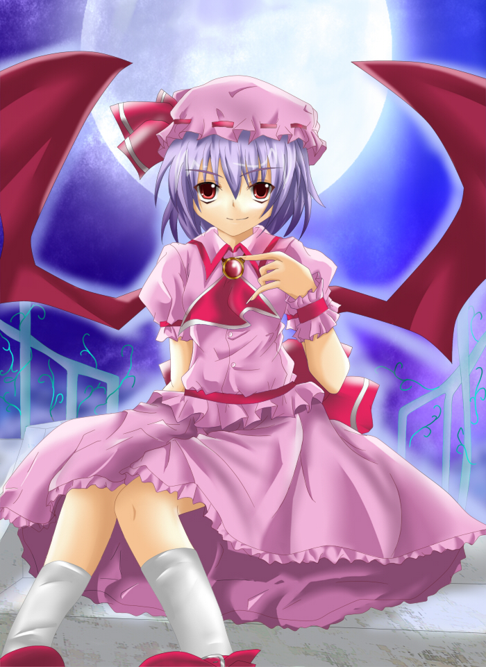 shino (moment), remilia scarlet, touhou, 1girl, blue hair, female focus, gradient background, hat, outdoors, ribbon, short hair, skirt, sky, solo, wings