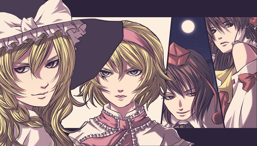 waya, alice margatroid, hakurei reimu, kirisame marisa, shameimaru aya, touhou, 4girls, blonde hair, blue eyes, bow, braid, brown hair, detached sleeves, female focus, hair tubes, hairband, hat, hat bow, lolita hairband, moon, multiple girls, pom pom (clothes), ribbon-trimmed sleeves, ribbon trim, short hair, side braid, single braid, tokin hat, witch hat, yellow eyes