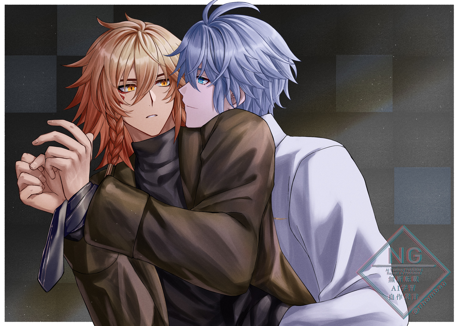 rhombag, mydei (honkai: star rail), phainon (honkai: star rail), honkai: star rail, honkai (series), commentary request, 2boys, antenna hair, black sweater, blonde hair, blue eyes, bound, bound wrists, braid, brown coat, coat, facial tattoo, gradient hair, male focus, medium hair, multicolored hair, multiple boys, red hair, red tattoo, shirt, short hair, side braid, sweater, tattoo, turtleneck, turtleneck sweater, watermark, white hair, white shirt, yaoi, yellow eyes