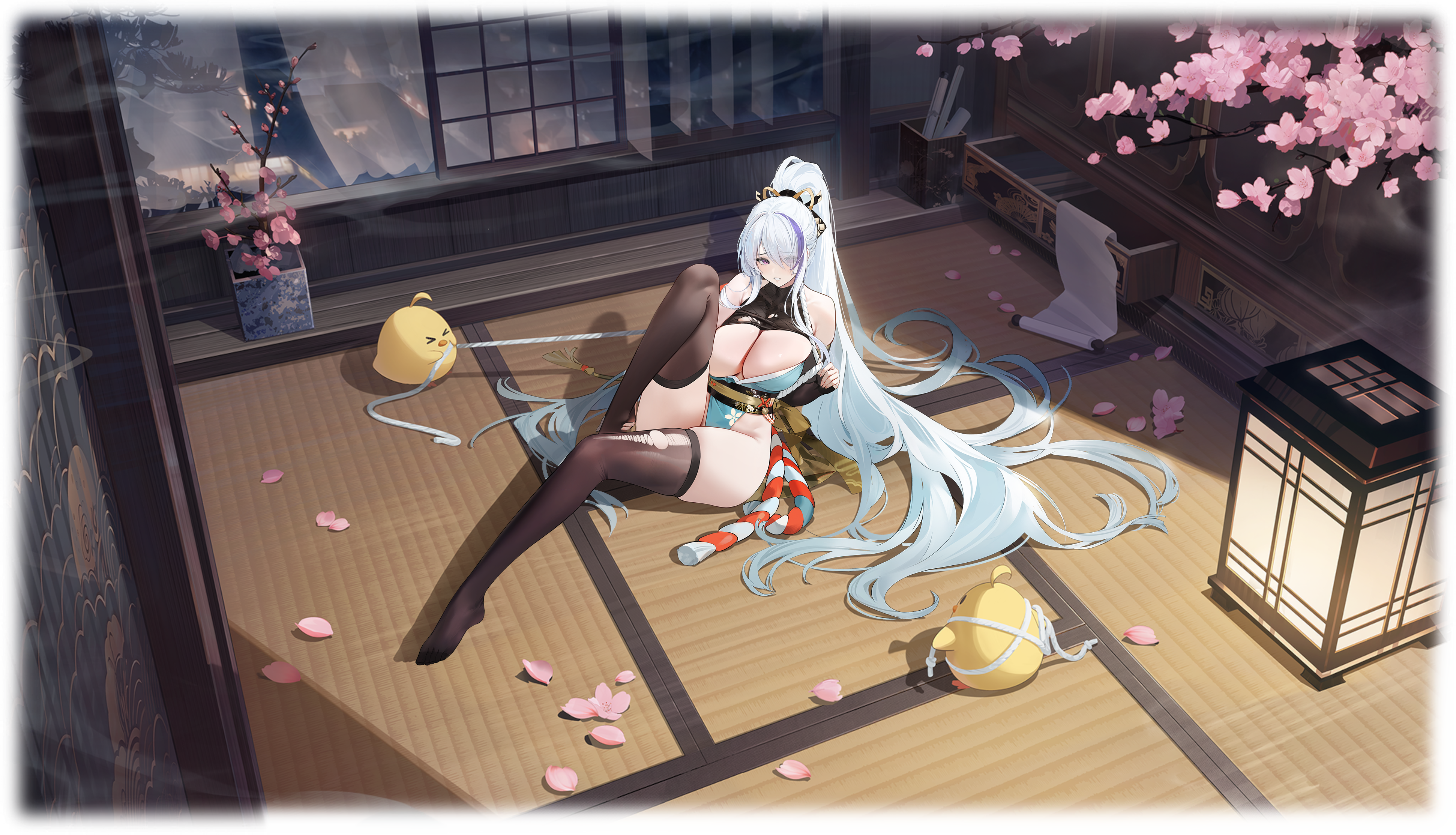 kincora, manjuu (azur lane), unzen (arcane ninja knowledge) (azur lane), unzen (azur lane), azur lane, absurdres, highres, non-web source, official art, 1girl, architecture, bare shoulders, black thighhighs, breasts, east asian architecture, elbow gloves, gloves, hair over one eye, hair spread out, high ponytail, large breasts, long hair, looking at viewer, multicolored hair, ninja, official alternate costume, pink petals, ponytail, purple eyes, purple hair, revealing clothes, sitting, solo, streaked hair, thighhighs, thighs, very long hair, white hair