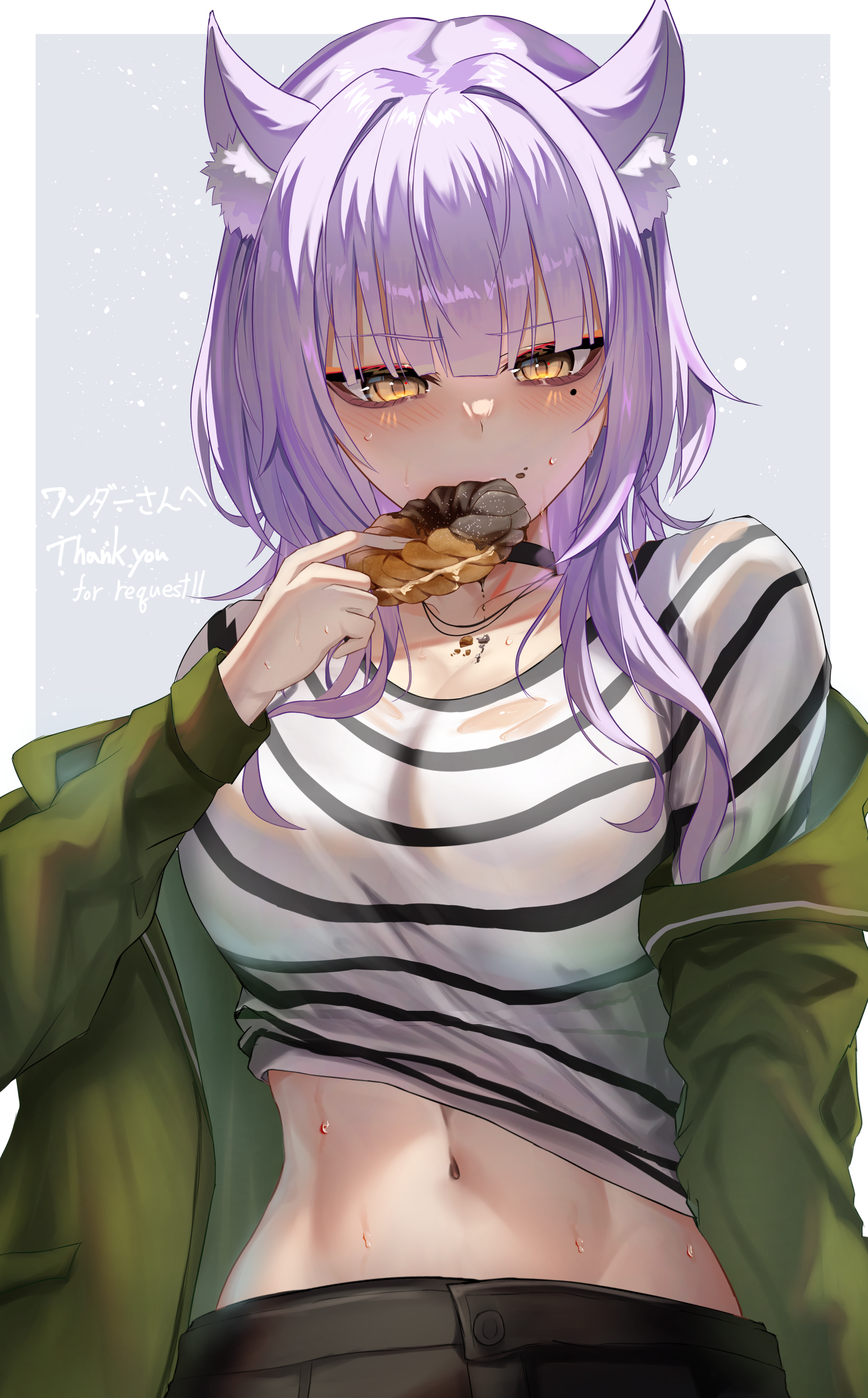 takagi (takag1 k2), original, absurdres, commission, highres, 1girl, animal ear fluff, animal ears, black choker, breasts, choker, crop top, donut, eating, food, green jacket, jacket, jewelry, large breasts, long hair, looking at viewer, midriff, mole, mole under eye, navel, necklace, off shoulder, open clothes, open jacket, purple hair, shirt, solo, stomach, striped clothes, striped shirt, sweat, upper body, white shirt, yellow eyes