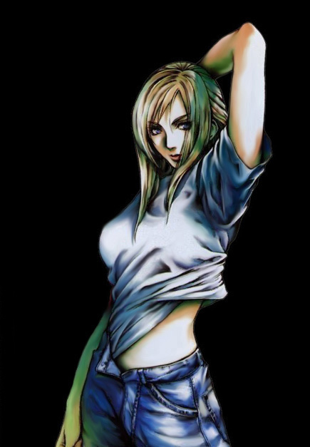 nomura tetsuya, aya brea, parasite eve (series), parasite eve i, official art, 1girl, black background, breasts, cowboy shot, denim, female focus, jeans, large breasts, looking at viewer, pants, shirt, short sleeves, solo, standing, white shirt