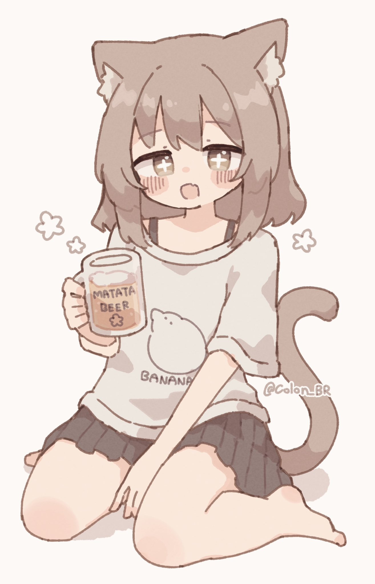 colon br, original, commentary, highres, + +, 1girl, :d, alcohol, animal ear fluff, animal ears, barefoot, beer, beer mug, black skirt, blush stickers, brown eyes, brown hair, cat ears, cat girl, cat tail, cup, fang, full body, holding, holding cup, looking at viewer, mug, open mouth, pleated skirt, shirt, short hair, short sleeves, simple background, sitting, skin fang, skirt, smile, solo, tail, wariza, white background, white shirt