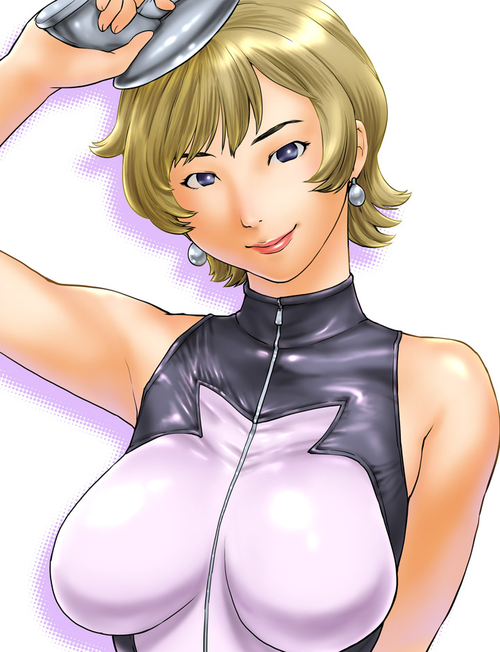 ueyama michirou, mylene hoffman, 009-1, blonde hair, blue eyes, bodysuit, breasts, earrings, gun, jewelry, large breasts, short hair, sleeveless, smile, solo, weapon