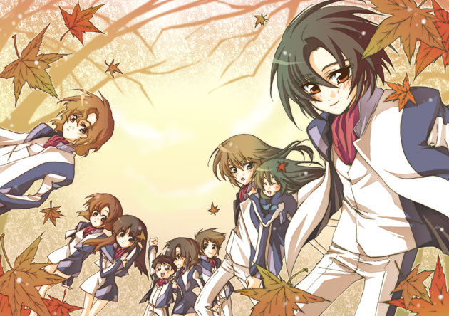 futami (futamito), hazama shoko, hazama shouko, kaname sakura, kasugai koyo, kodate mamoru, kondo kenji, kondou kenji, makabe kazuki, minashiro soushi, minashiro tsubaki, toomi maya, soukyuu no fafner, uniform, 00s, 4girls, 5boys, autumn, black hair, brown hair, child, everyone, hug, leaf, multiple boys, multiple girls, smile
