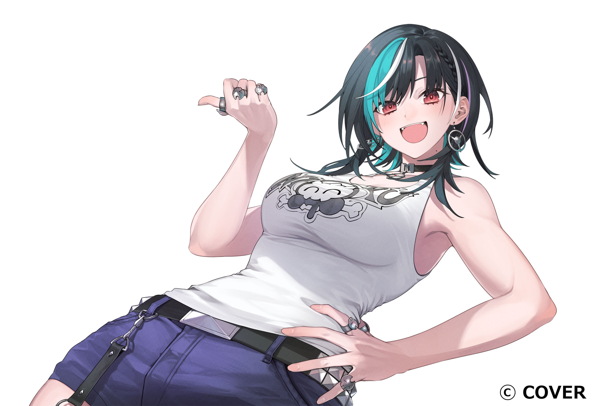 rindo chihaya, hololive, hololive dev is, highres, official art, 1girl, :d, aqua hair, armpit peek, bare arms, belt, black choker, black hair, blue shorts, blush, breasts, choker, denim, denim shorts, earrings, fang, hair between eyes, hand on own hip, jewelry, large breasts, long hair, looking at viewer, multicolored hair, open mouth, shorts, simple background, smile, solo, streaked hair, tank top, virtual youtuber, white background, white hair, white tank top