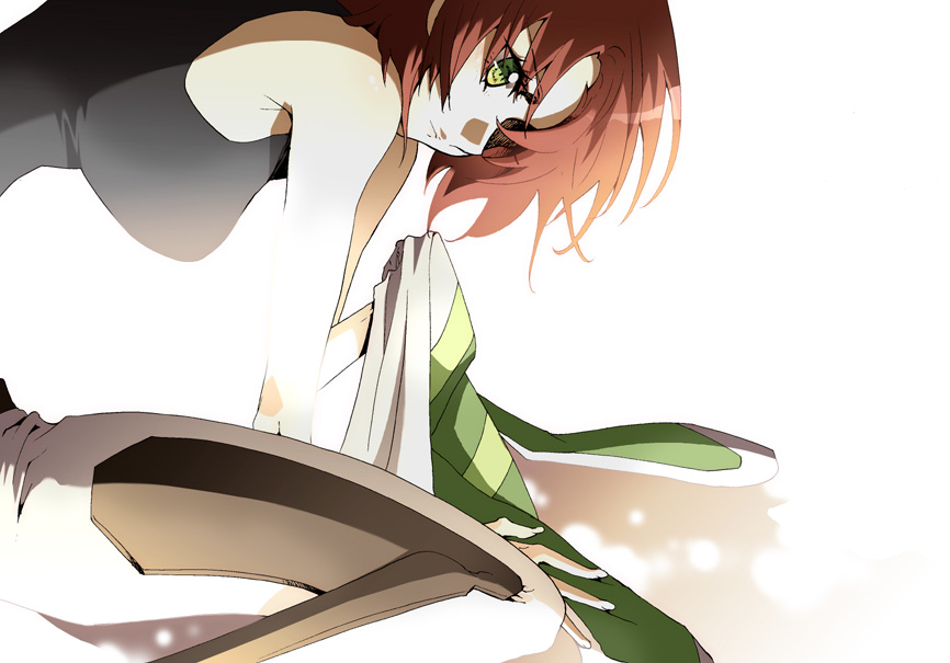 futami (futamito), aneasha ol megarla, heroic age, 00s, 1girl, bare shoulders, bent over, breasts, brown hair, female focus, from side, green eyes, shirt, short hair, simple background, sleeveless, sleeveless shirt, solo, tank top, white background