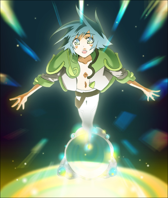 futami (futamito), age (heroic age), heroic age, 00s, 1girl, blue eyes, blue hair, female focus, matching hair/eyes, open clothes, open mouth, open shirt, shirt, short hair, solo, space, tattoo
