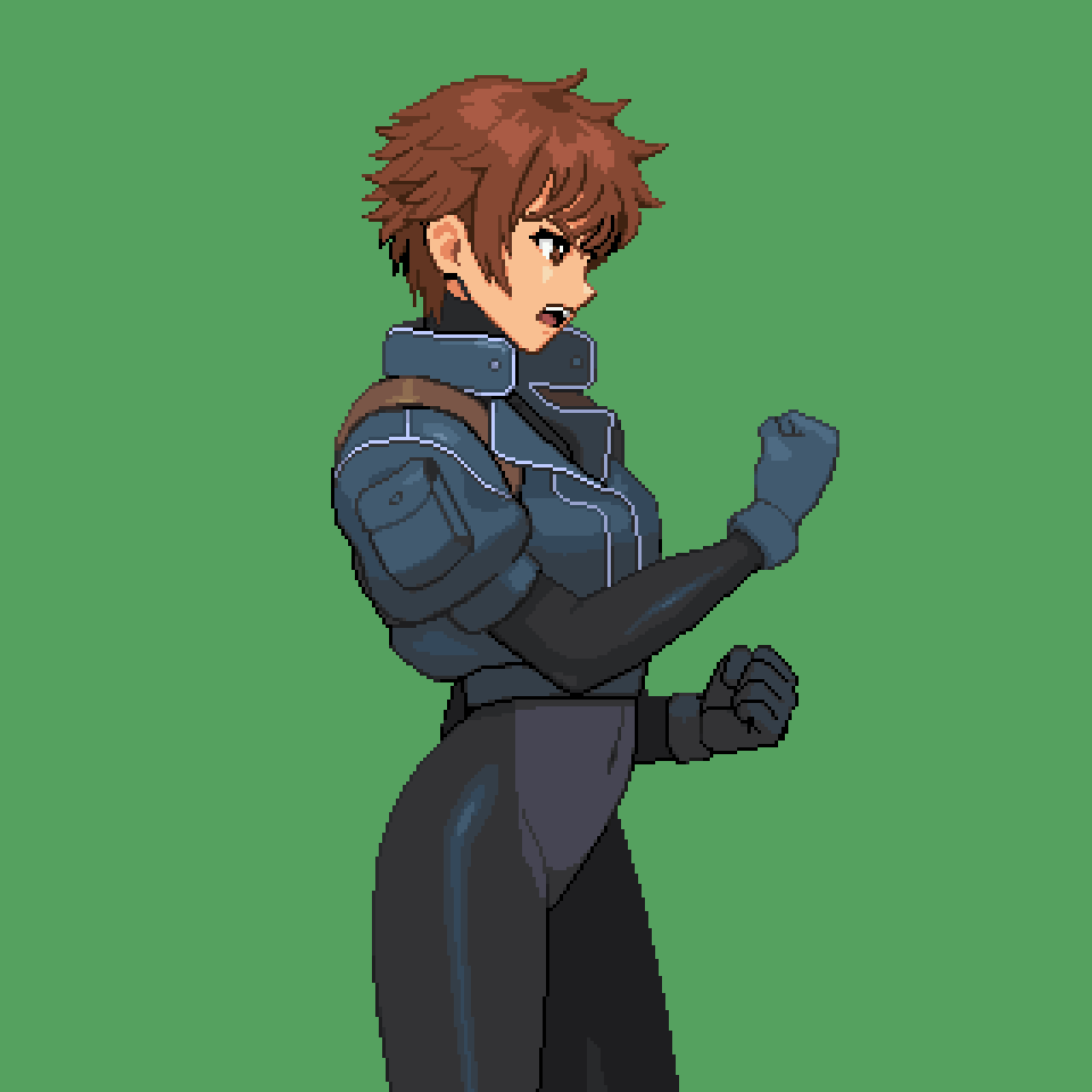 picopico256, kei sakuragi, the scramble vice, check commentary, commentary request, highres, 1girl, black bodysuit, bodysuit, brown eyes, brown hair, clenched hands, covered navel, cropped jacket, gloves, green background, high collar, leather strap, looking to the side, mecha pilot suit, messy hair, pixel art, police, pouch, serious, short hair, simple background, solo, teeth, tight clothes, tomboy, tongue, upper teeth only