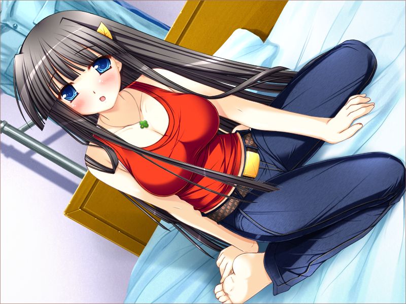 miyasu risa, takahata itsuki, anetore! oneechan to h na training, tyrell piccolo, game cg, jpeg artifacts, non-web source, 1girl, barefoot, bed, black hair, blue eyes, blush, border, breasts, cleavage, denim, dutch angle, female focus, jeans, kneeling, long hair, pants, solo