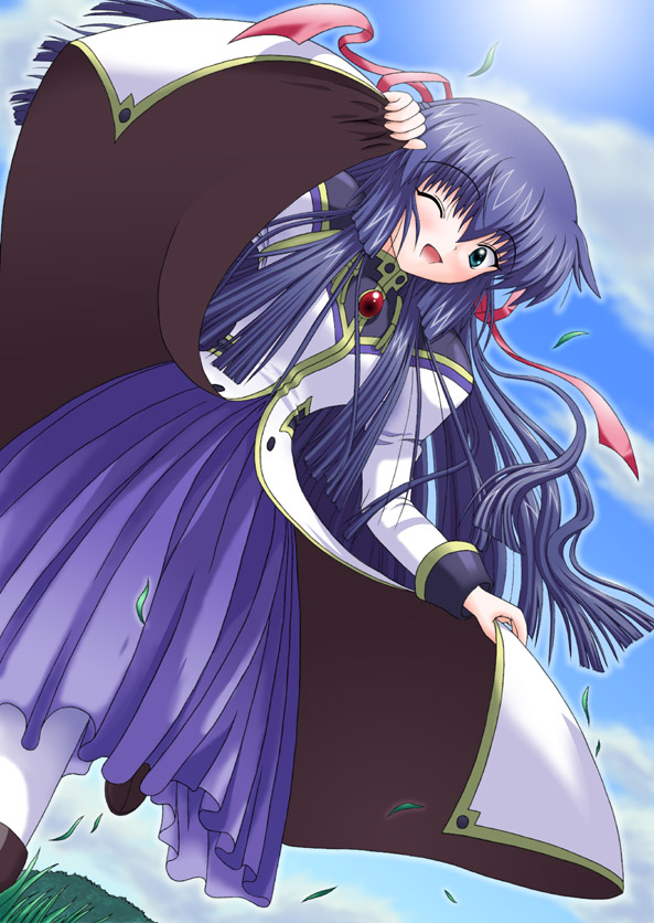karasuma chitose, galaxy angel, non-web source, 00s, 1girl, blue eyes, blue hair, clothes lift, female focus, long hair, matching hair/eyes, one eye closed, skirt, skirt lift, solo, wind, wind lift, wink
