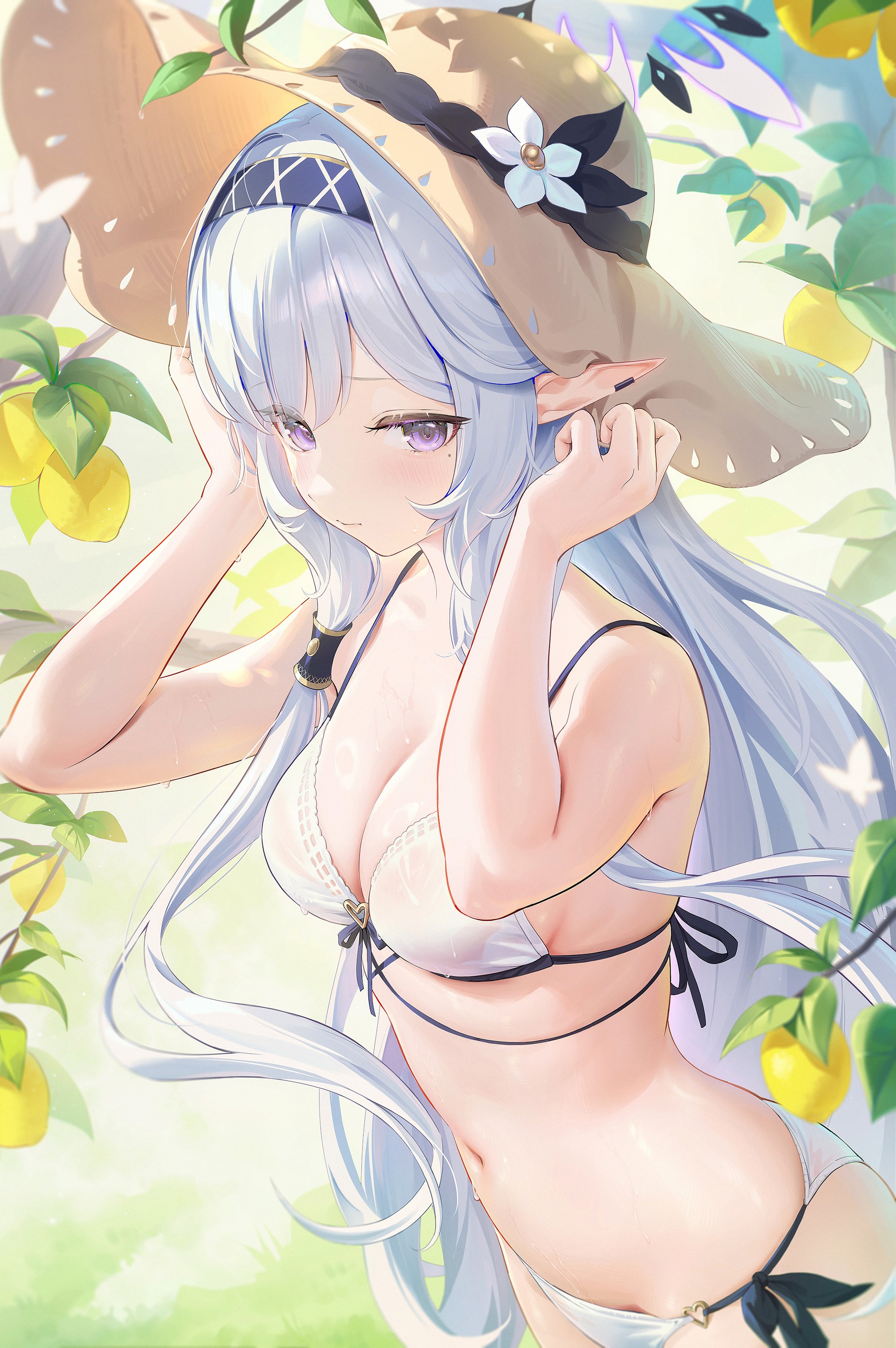 houkisei, himari (blue archive), blue archive, absurdres, commentary request, highres, paid reward available, 1girl, alternate costume, bare shoulders, bikini, blush, breasts, cleavage, closed mouth, day, hair ornament, hairband, hands up, hat, large breasts, leaf, long hair, looking at viewer, mole, mole under eye, navel, outdoors, pointy ears, purple eyes, solo, stomach, swimsuit, white bikini, white hair
