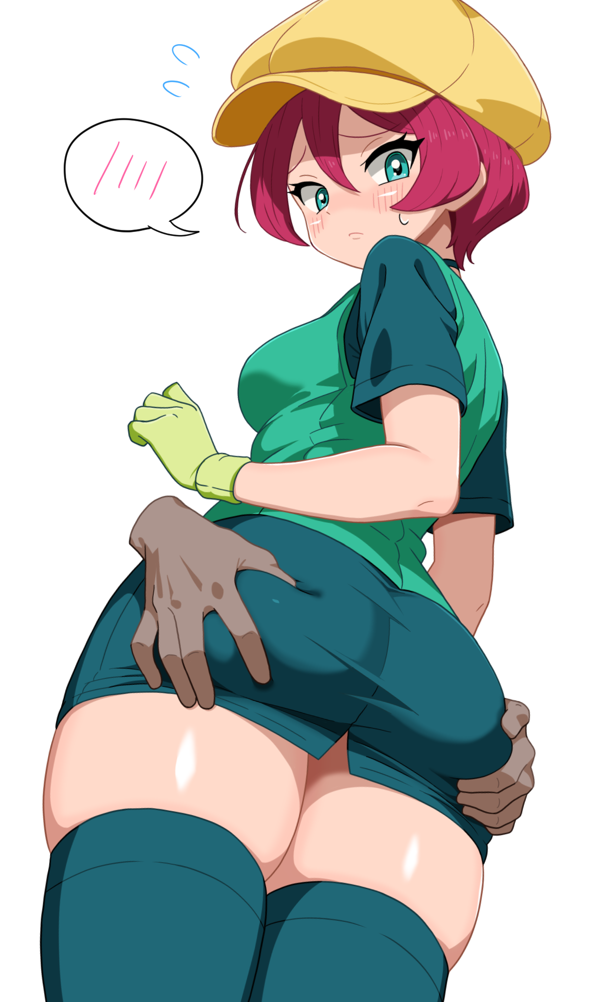 mori hayaki, georgia (pokemon), nintendo, pokemon, pokemon (anime), pokemon bw (anime), highres, 1girl, ass, blue eyes, breasts, disembodied hand, flying sweatdrops, gloves, green gloves, green shirt, groping, hat, pencil skirt, red hair, shirt, short sleeves, skirt, small breasts, solo, speech bubble, spoken blush, thick thighs, thighhighs, thighs, yellow hat
