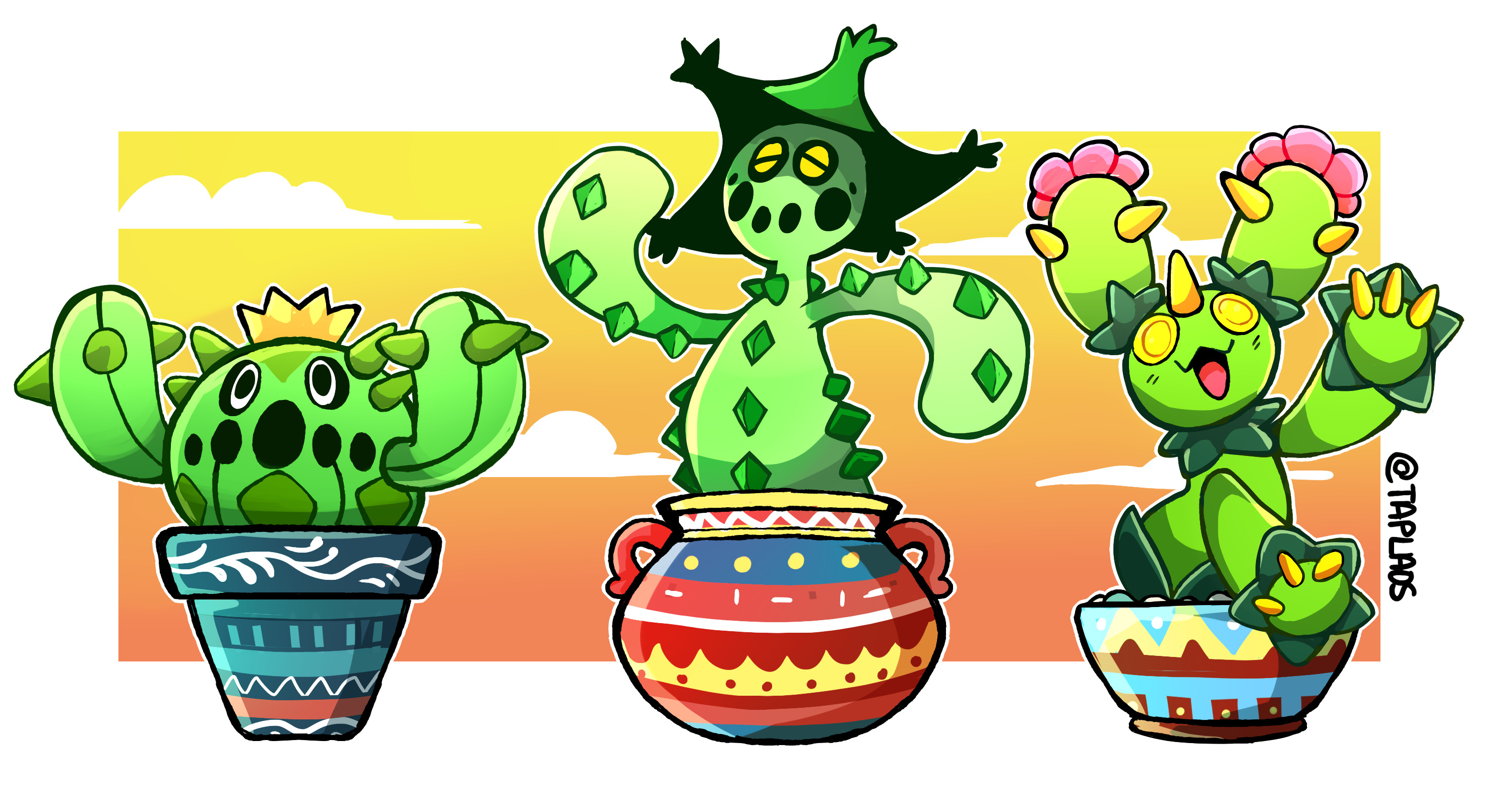 taplaos, cacnea, cacturne, maractus, nintendo, pokemon, highres, artist name, cactus, gen 3 pokemon, gen 5 pokemon, looking at viewer, no humans, open mouth, plant, plant monster, pokemon (creature), potted plant