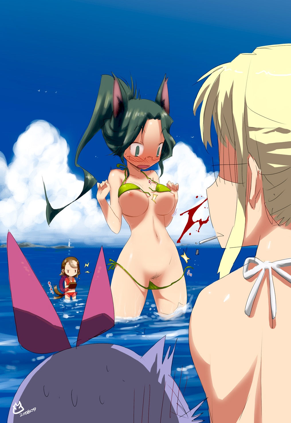 miharu (cgsky), highres, 4girls, animal ears, bikini, bird, blood, blush, breasts, cigarette, cloud, controller, day, embarrassed, female pubic hair, humiliation, medium breasts, multiple girls, nipples, nosebleed, nude, outdoors, pubic hair, pussy, remote control, sky, smoking, swimsuit, tail, tail wagging, wardrobe malfunction, water