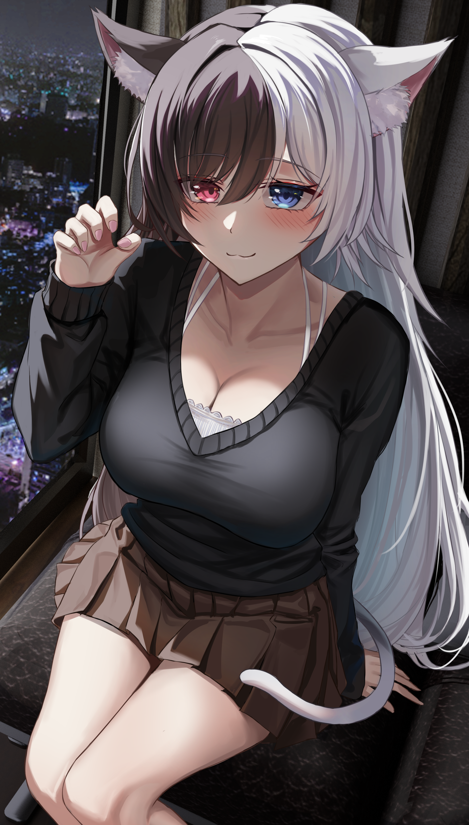 takagi (takag1 k2), original, absurdres, commentary request, commission, highres, 1girl, :3, animal ear fluff, animal ears, black hair, black sweater, blue eyes, breasts, brown skirt, cat ears, cat girl, cat tail, city lights, claw pose, cleavage, closed mouth, collarbone, hand up, heterochromia, indoors, large breasts, long hair, long sleeves, looking at viewer, miniskirt, multicolored hair, pleated skirt, red eyes, shirt, sitting, skirt, sleeveless, sleeveless shirt, smile, solo, spaghetti strap, split-color hair, sweater, tail, thighs, two-tone hair, very long hair, white hair, white shirt