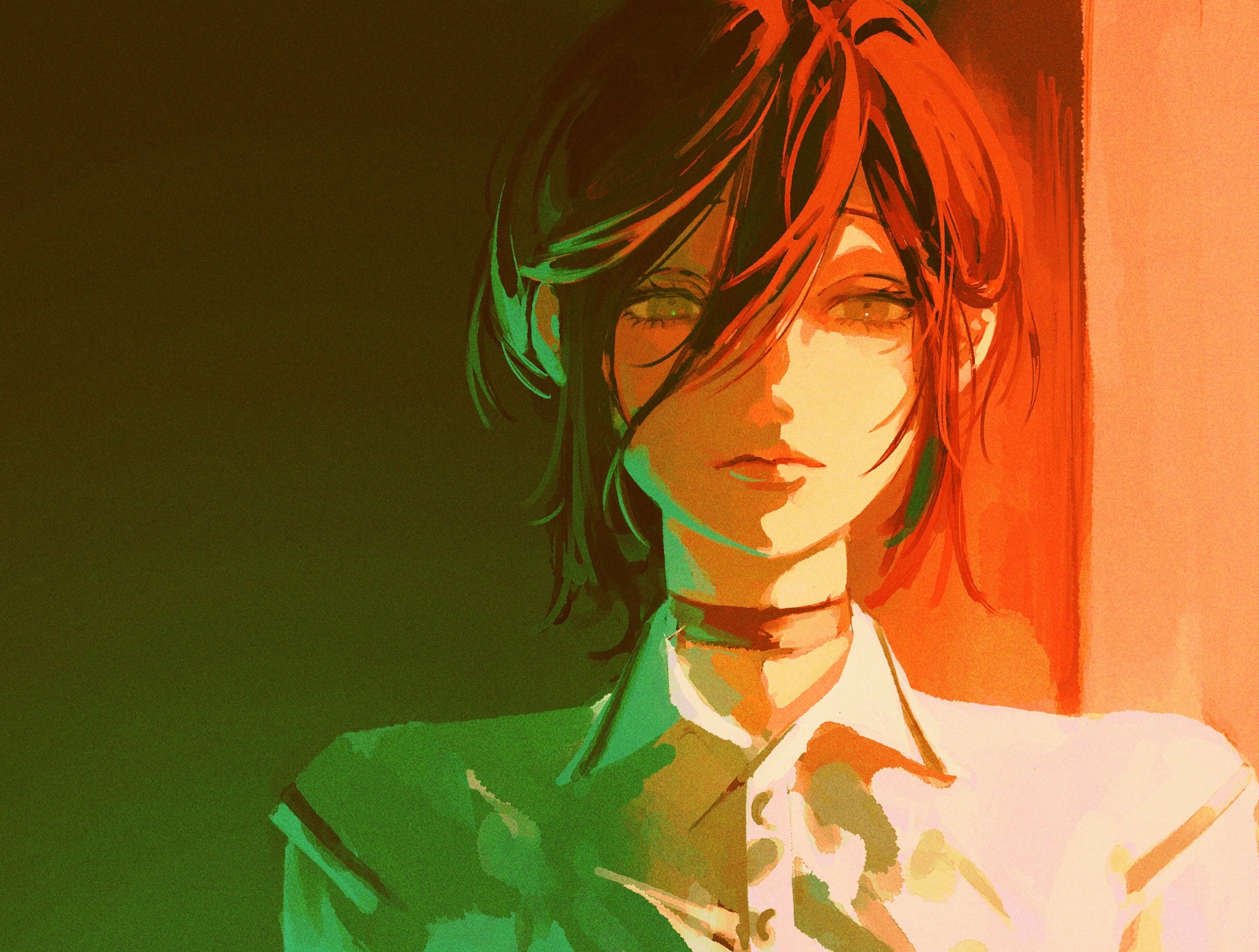 inuo (inuo x), reze (chainsaw man), chainsaw man, highres, 1girl, black choker, choker, close-up, closed mouth, collared shirt, expressionless, hair between eyes, high contrast, impasto, long hair between eyes, looking at viewer, shirt, short hair, sidelighting, solo, straight-on, upper body, white shirt, wing collar