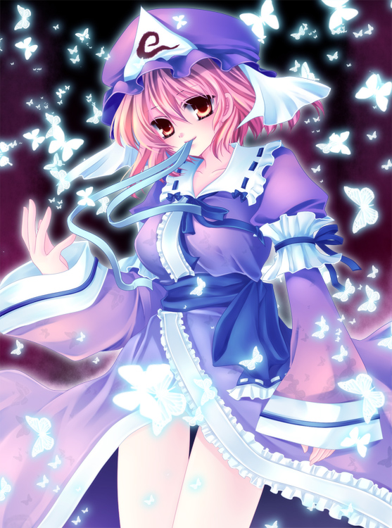 mikazuki sara, saigyouji yuyuko, touhou, 1girl, breasts, bug, butterfly, dress, female focus, gradient background, hat, insect, japanese clothes, kimono, mouth hold, pink hair, ribbon, short hair, solo