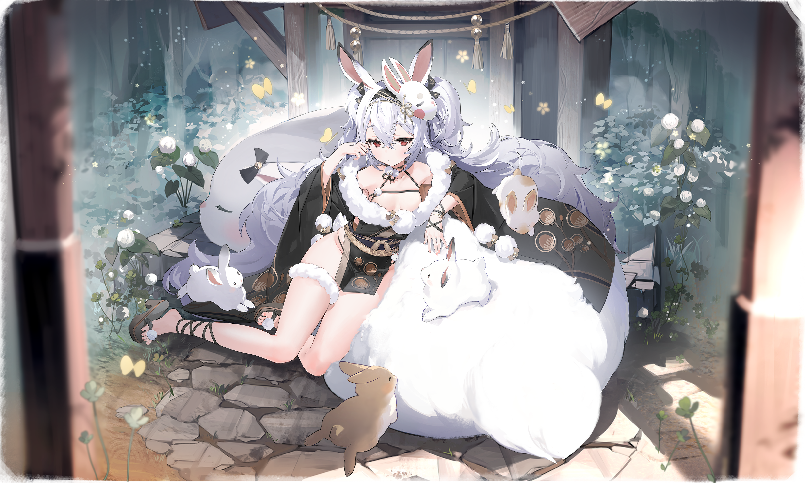 namyo, laffey (azur lane), laffey ii (azur lane), laffey ii (lady laffey's languid tour) (azur lane), azur lane, absurdres, artist request, check artist, highres, non-web source, official art, 1girl, bare shoulders, black kimono, black panties, breasts, breasts apart, cleavage, collarbone, crossed bangs, flower, japanese clothes, kimono, light blush, logo, looking at viewer, mask, mask on head, messy hair, official alternate costume, panties, parted lips, pelvic curtain, pom pom (clothes), rabbit, rabbit tail, red eyes, sandals, small breasts, solo, tail, thigh strap, twintails, underwear, white hair, wide sleeves