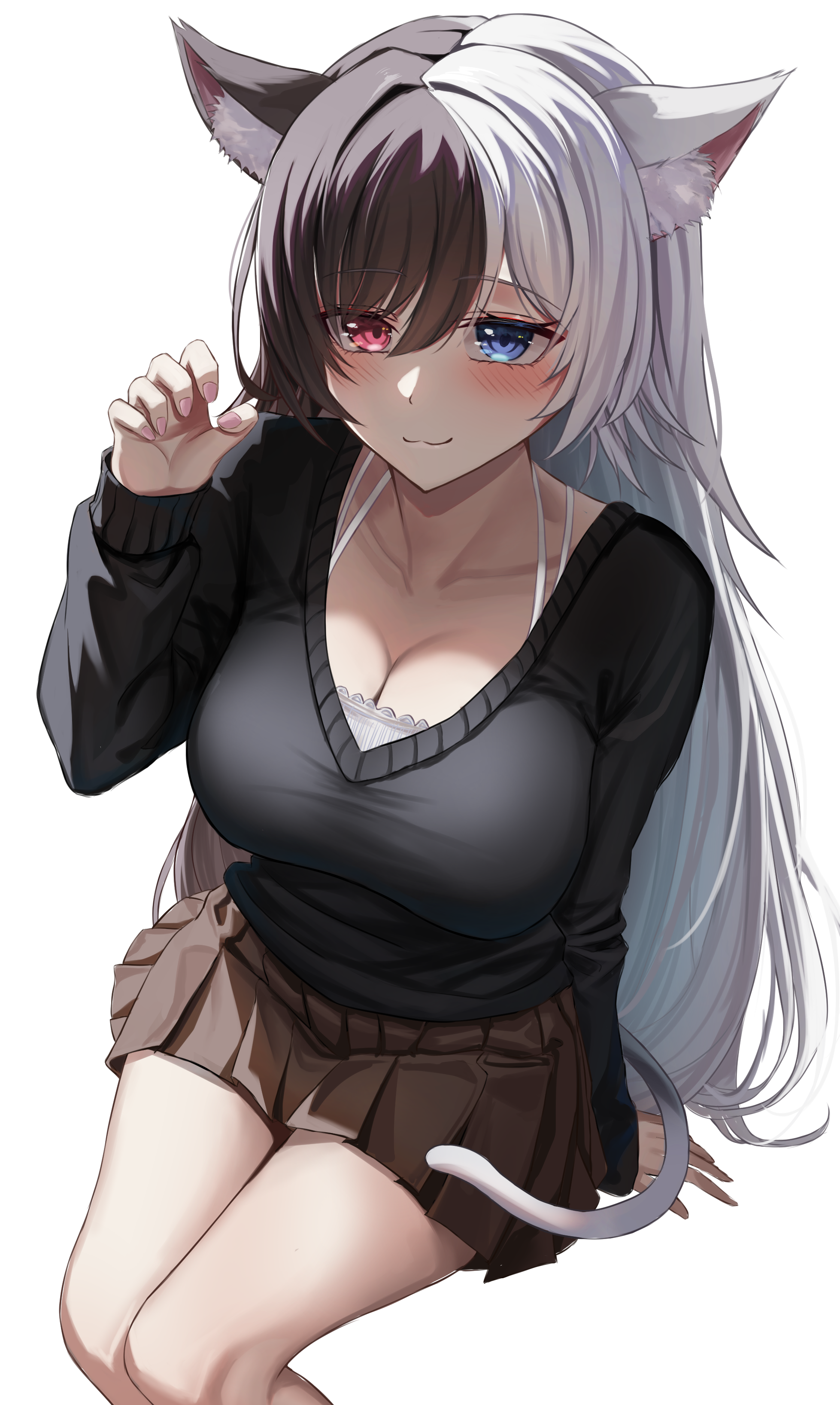 takagi (takag1 k2), original, absurdres, commentary request, commission, highres, 1girl, :3, animal ear fluff, animal ears, black hair, black sweater, blue eyes, breasts, brown skirt, cat ears, cat girl, cat tail, claw pose, cleavage, closed mouth, collarbone, hand up, heterochromia, large breasts, long hair, long sleeves, looking at viewer, miniskirt, multicolored hair, pleated skirt, red eyes, shirt, simple background, sitting, skirt, sleeveless, sleeveless shirt, smile, solo, spaghetti strap, split-color hair, sweater, tail, thighs, two-tone hair, very long hair, white background, white hair, white shirt