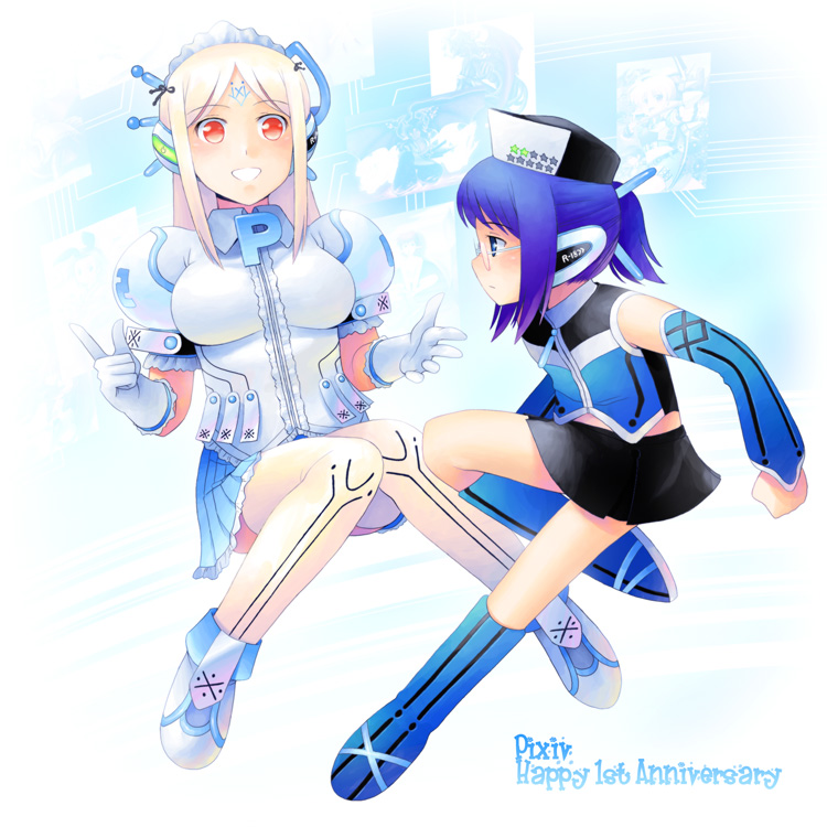 noise (tsuzuki), pixiv-tan, pixiv, bad id, bad pixiv id, 2girls, blonde hair, blue hair, boots, detached sleeves, glasses, gloves, hat, long hair, multiple girls, short hair, skirt, thighhighs