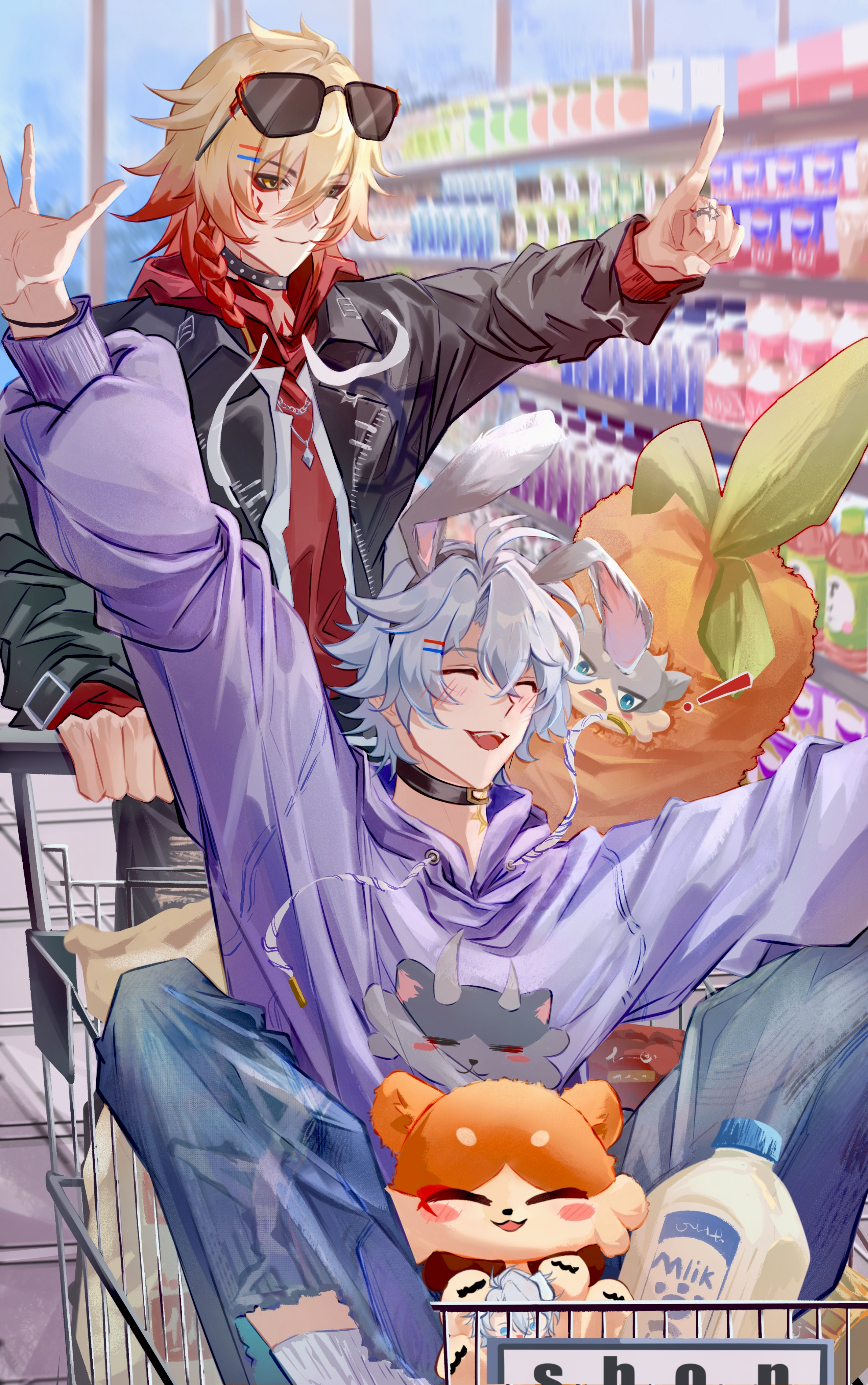 mydei (fig stew) (honkai: star rail), mydei (honkai: star rail), phainon (honkai: star rail), phainon (vigethos) (honkai: star rail), honkai: star rail, honkai (series), absurdres, chinese commentary, commentary request, highres, 2boys, antenna hair, black jacket, blonde hair, blue pants, braid, chimera (honkai: star rail), closed eyes, duoduoduoduoduo37907, eyewear on head, facial tattoo, gradient hair, hood, hood down, hoodie, in shopping cart, jacket, male focus, medium hair, milk, multicolored hair, multiple boys, open clothes, open jacket, pants, parted bangs, purple hoodie, red hair, red shirt, red tattoo, shirt, shopping cart, short hair, side braid, socks, stuffed toy, sunglasses, tattoo, white hair, white socks, yellow eyes