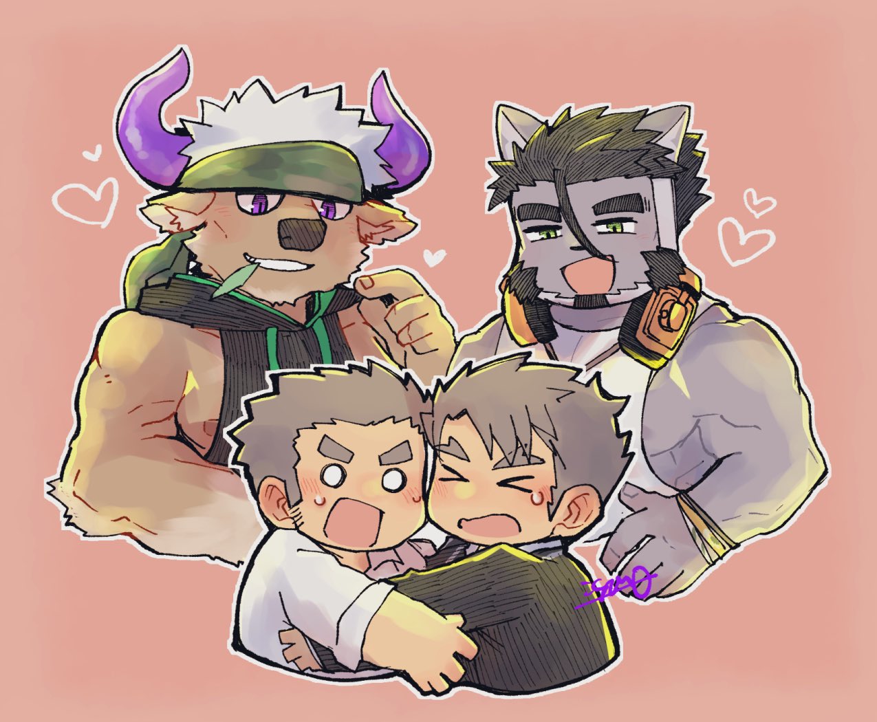 igarashi (igarashi ta), male protagonist (live a hero), protagonist 3 (housamo), shennong (housamo), live a hero, tokyo houkago summoners, animal ears, bara, blush, closed eyes, facial hair, goatee, long sideburns, male focus, mature male, multiple boys, muscular, mustache stubble, pectorals, short hair, sideburns, smile, stubble, thick eyebrows, tsuneaki (live a hero)