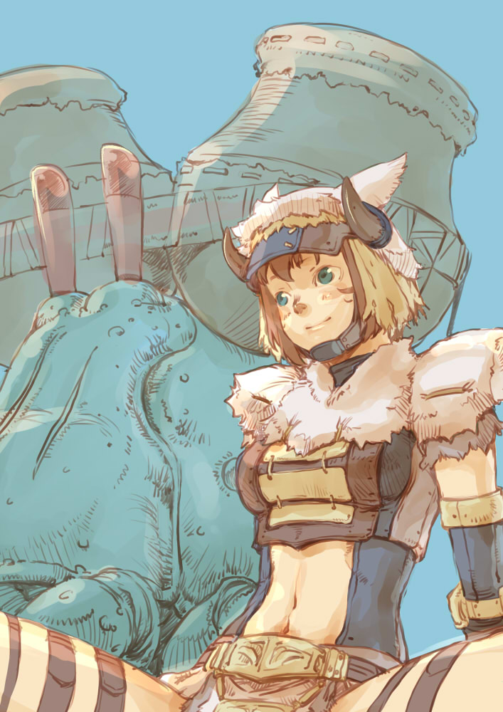 branch (blackrabbits), beastmaster (final fantasy), mithra (ff11), final fantasy, final fantasy xi, fur, bad id, bad pixiv id, 00s, 1girl, blue eyes, brown hair, crab, crustacean, female focus, horns, midriff, short hair, smile, solo