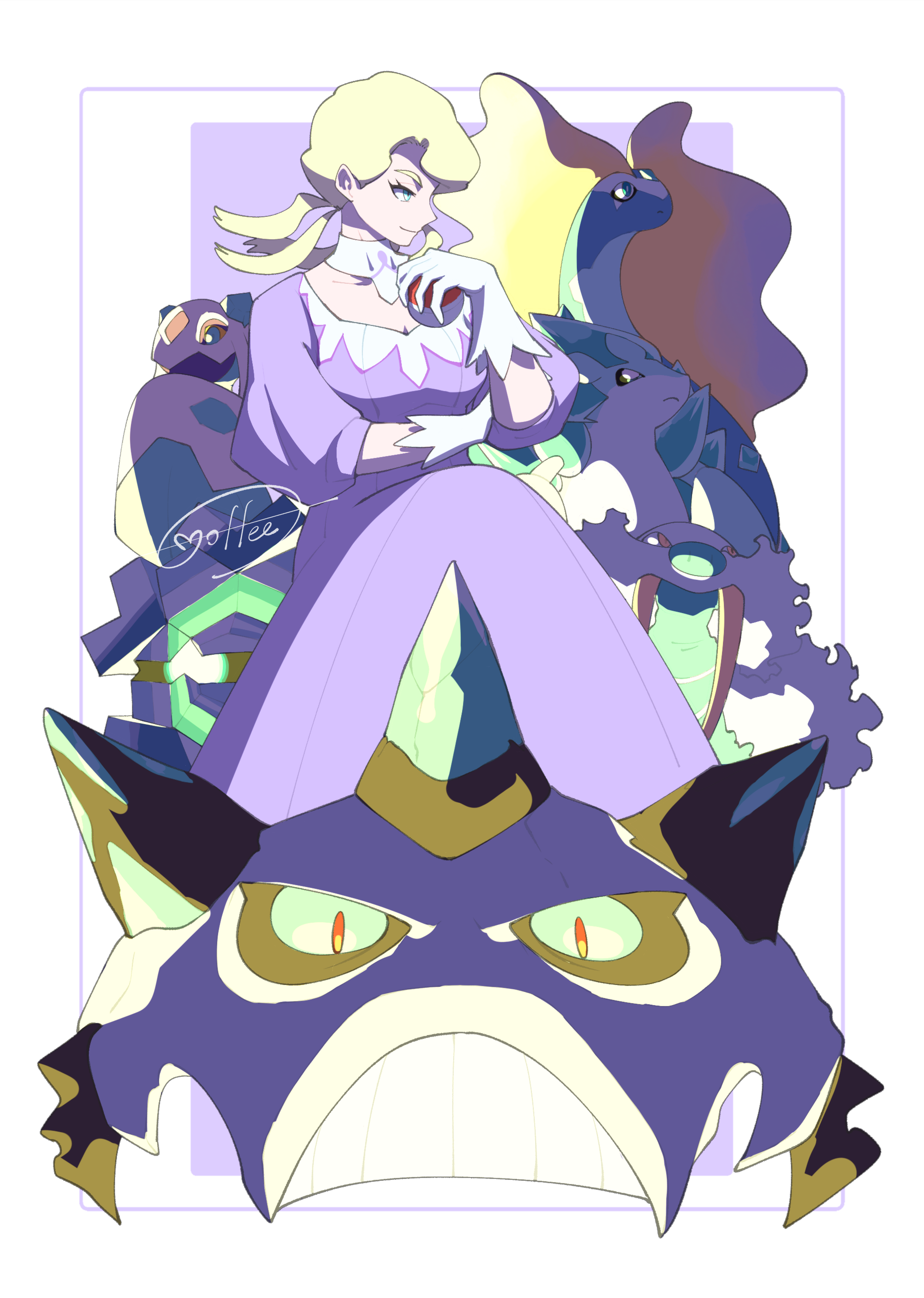 cccacademia, aurorus, cryogonal, froslass, glaceon, glacia (pokemon), glalie, walrein, nintendo, pokemon, absurdres, highres, 1girl, alternate color, artist name, blonde hair, blue eyes, breasts, cleavage, detached collar, dress, gen 3 pokemon, gen 4 pokemon, gen 5 pokemon, gen 6 pokemon, gloves, holding, holding poke ball, long hair, medium breasts, poke ball, pokemon (creature), purple dress, shiny pokemon, white gloves