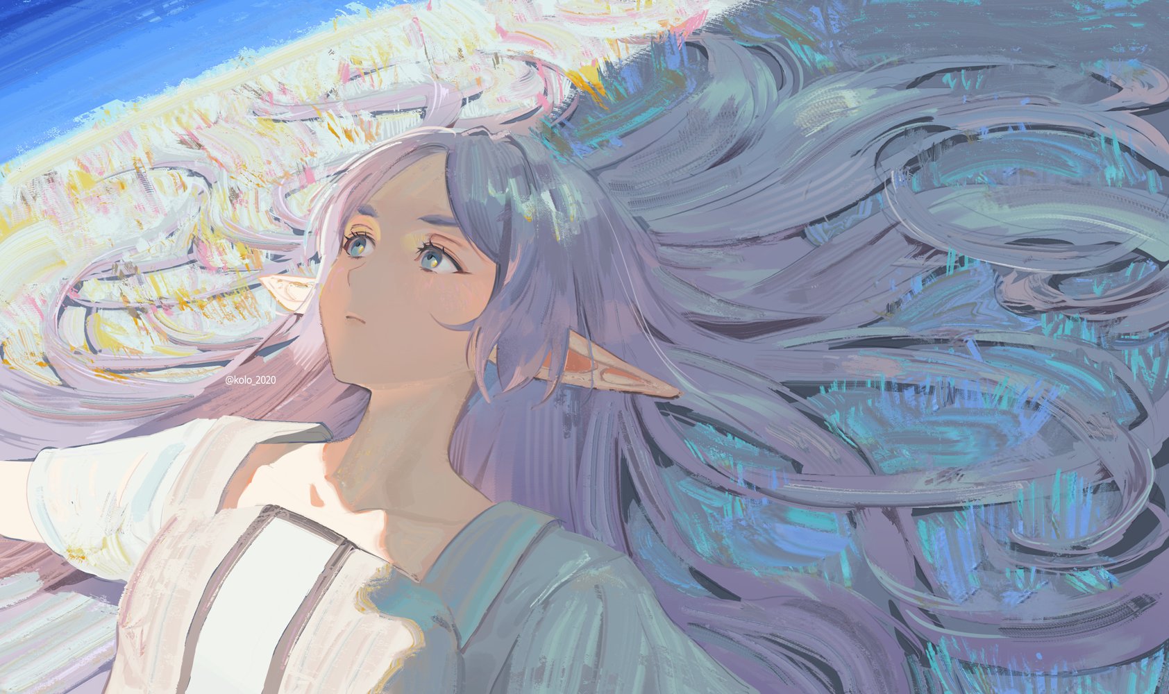 kolo 2020, frieren, sousou no frieren, hashtag-only commentary, highres, 1girl, closed mouth, dress, dutch angle, long hair, looking up, lying, on back, pointy ears, purple hair, sidelocks, solo, twitter username, upper body, very long hair
