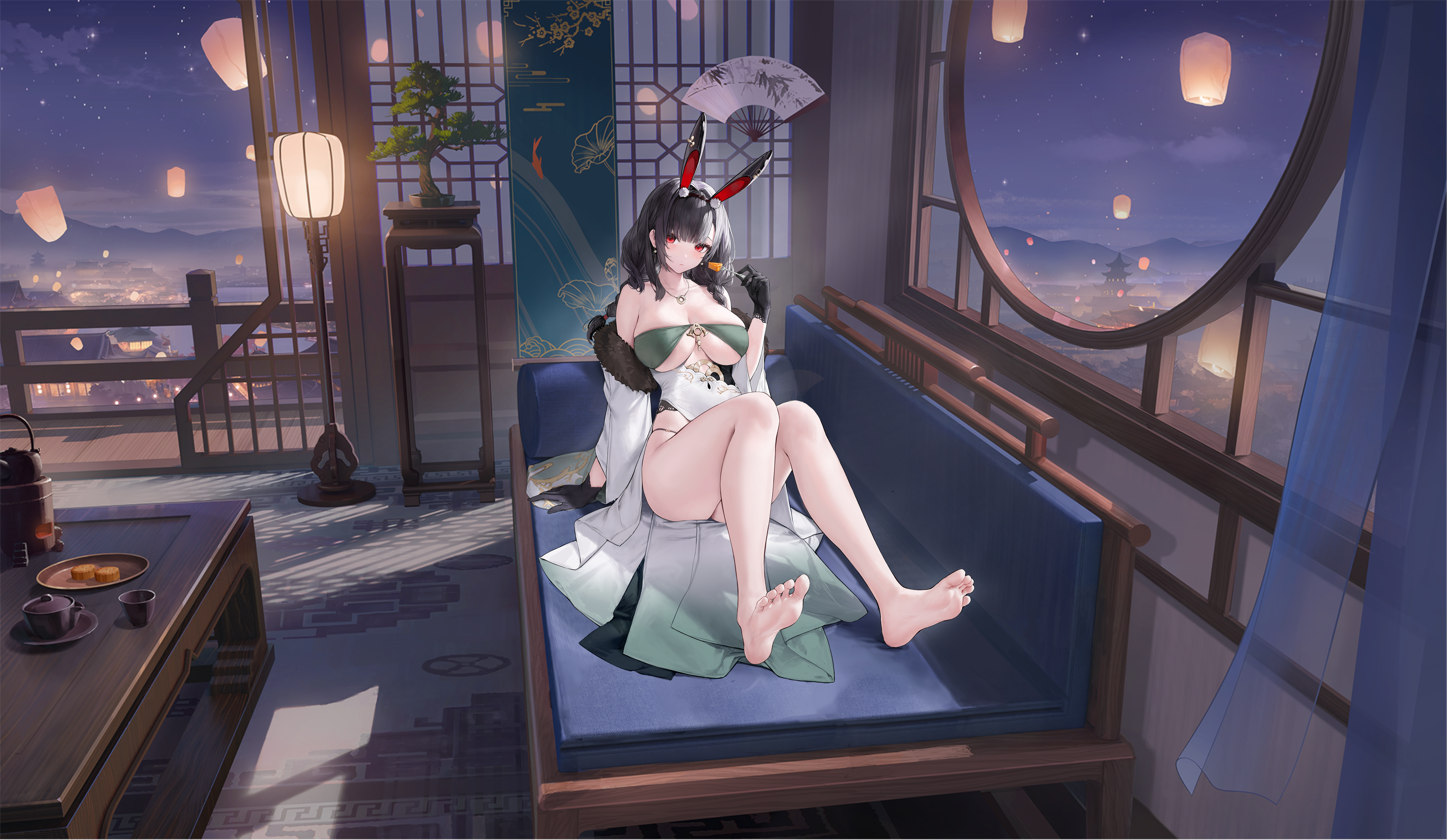 bolzano (a special night just for us) (azur lane), bolzano (azur lane), azur lane, absurdres, artist request, highres, non-web source, official art, 1girl, animal ears, architecture, barefoot, black gloves, black hair, breasts, east asian architecture, fake animal ears, gloves, hand up, large breasts, logo, looking at viewer, official alternate costume, rabbit ears, red eyes, sitting, solo, toes